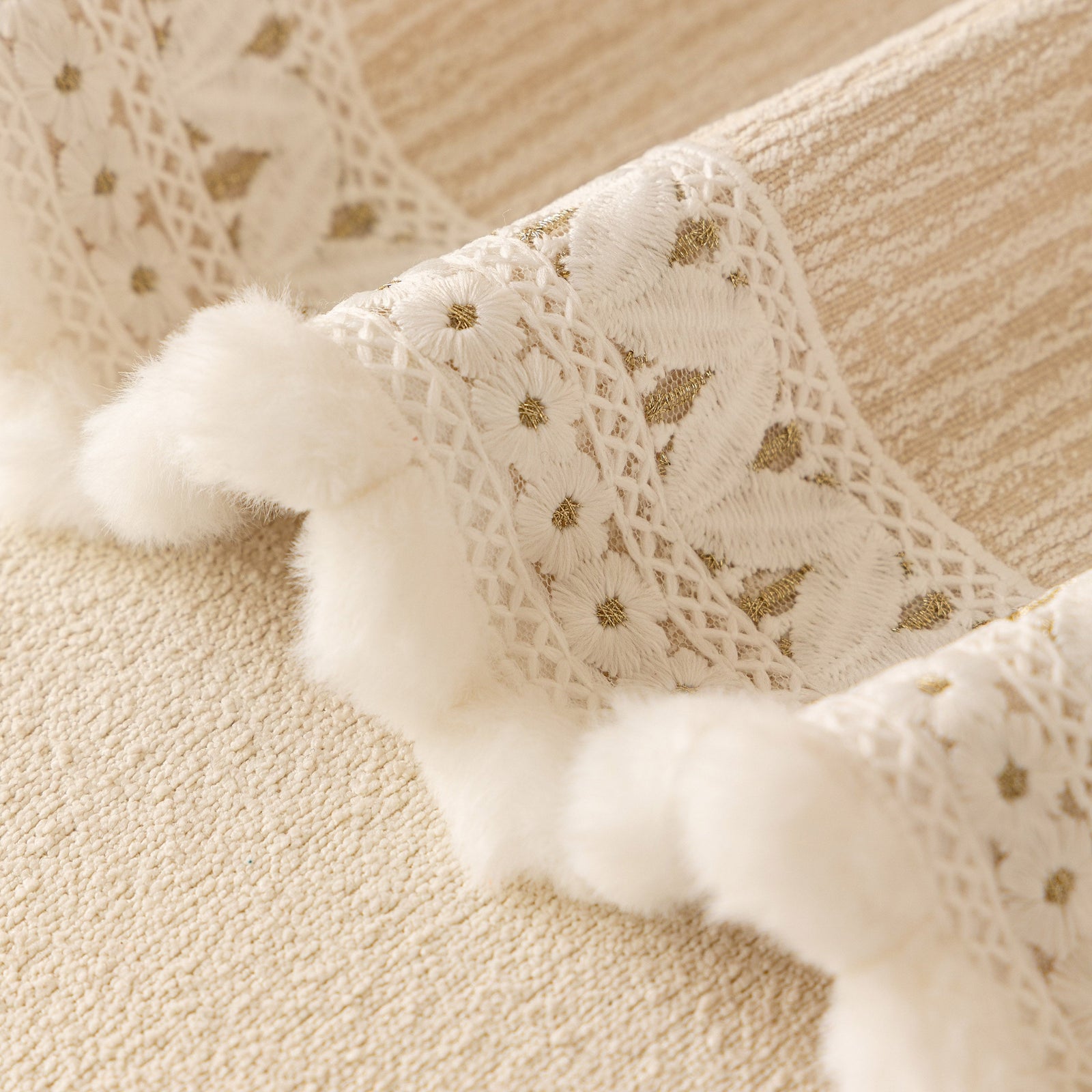 Sofa Cover Throw with Lace Trim & Pom-Pom Fringe, Decorative Couch Cover Blanket