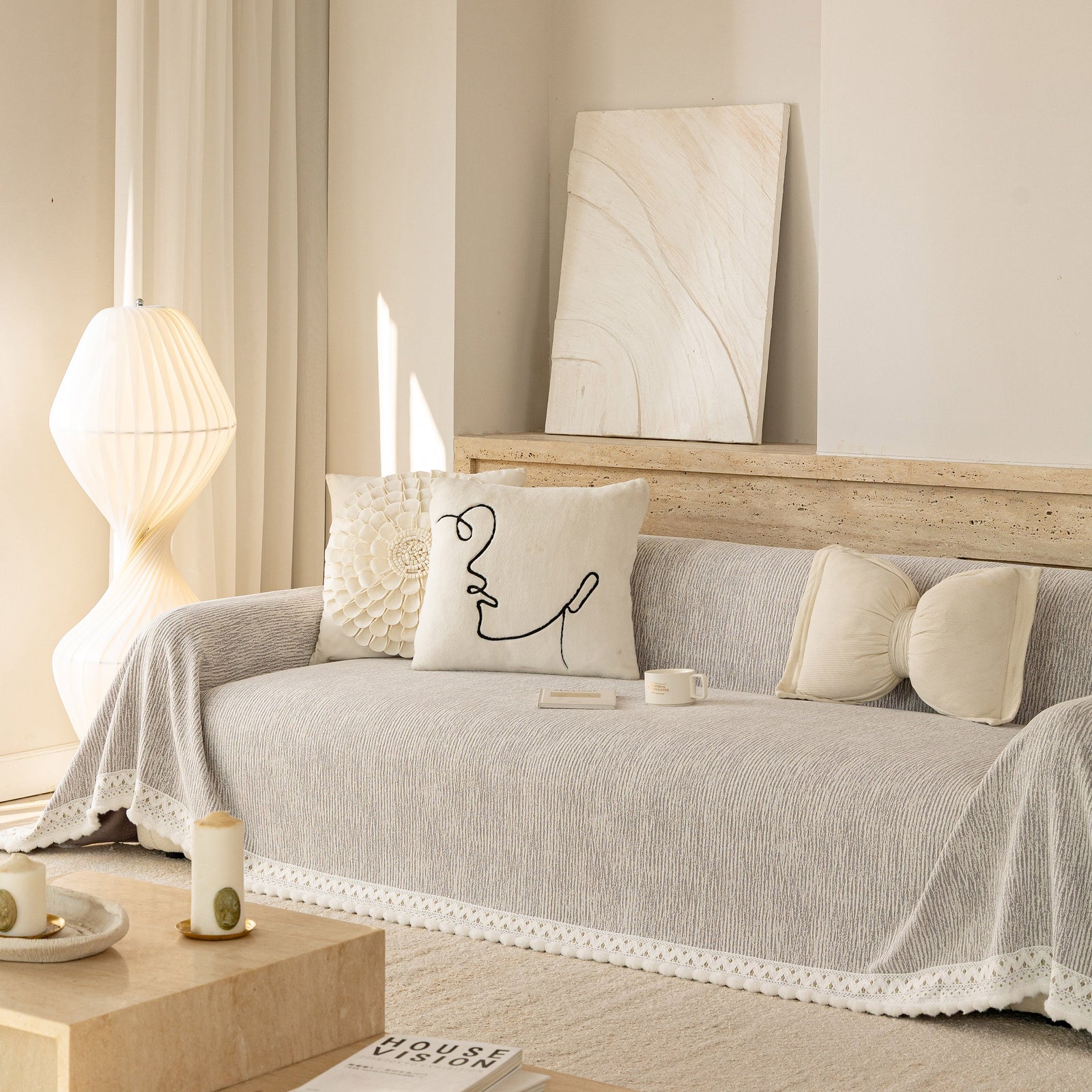 Sofa Cover Throw with Lace Trim & Pom-Pom Fringe, Decorative Couch Cover Blanket