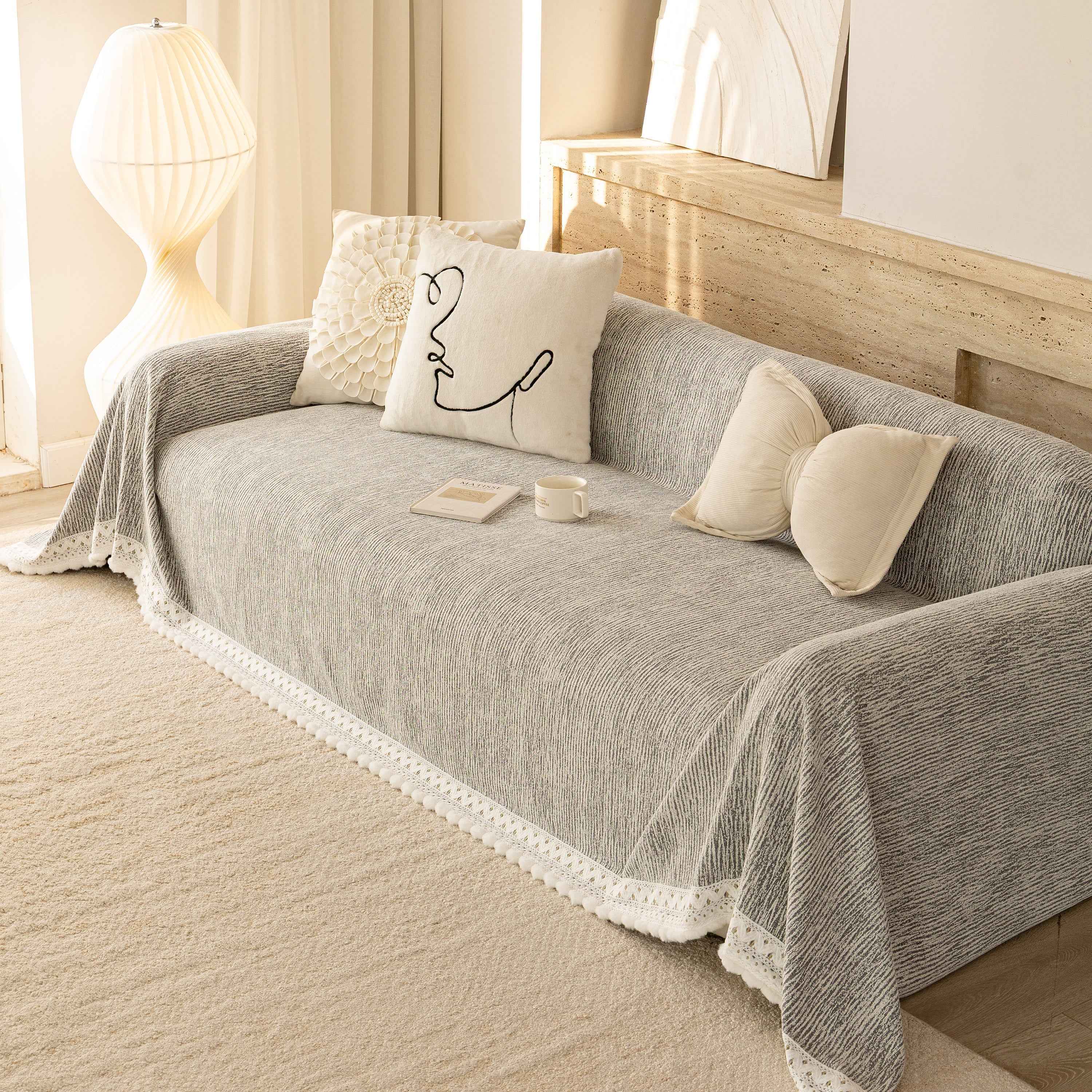 Sofa Cover Throw with Lace Trim & Pom-Pom Fringe, Decorative Couch Cover Blanket