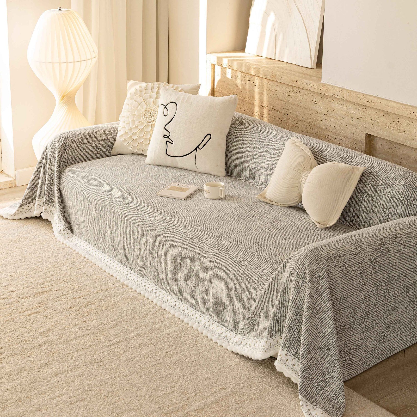 Sofa Cover Throw with Lace Trim & Pom-Pom Fringe, Decorative Couch Cover Blanket