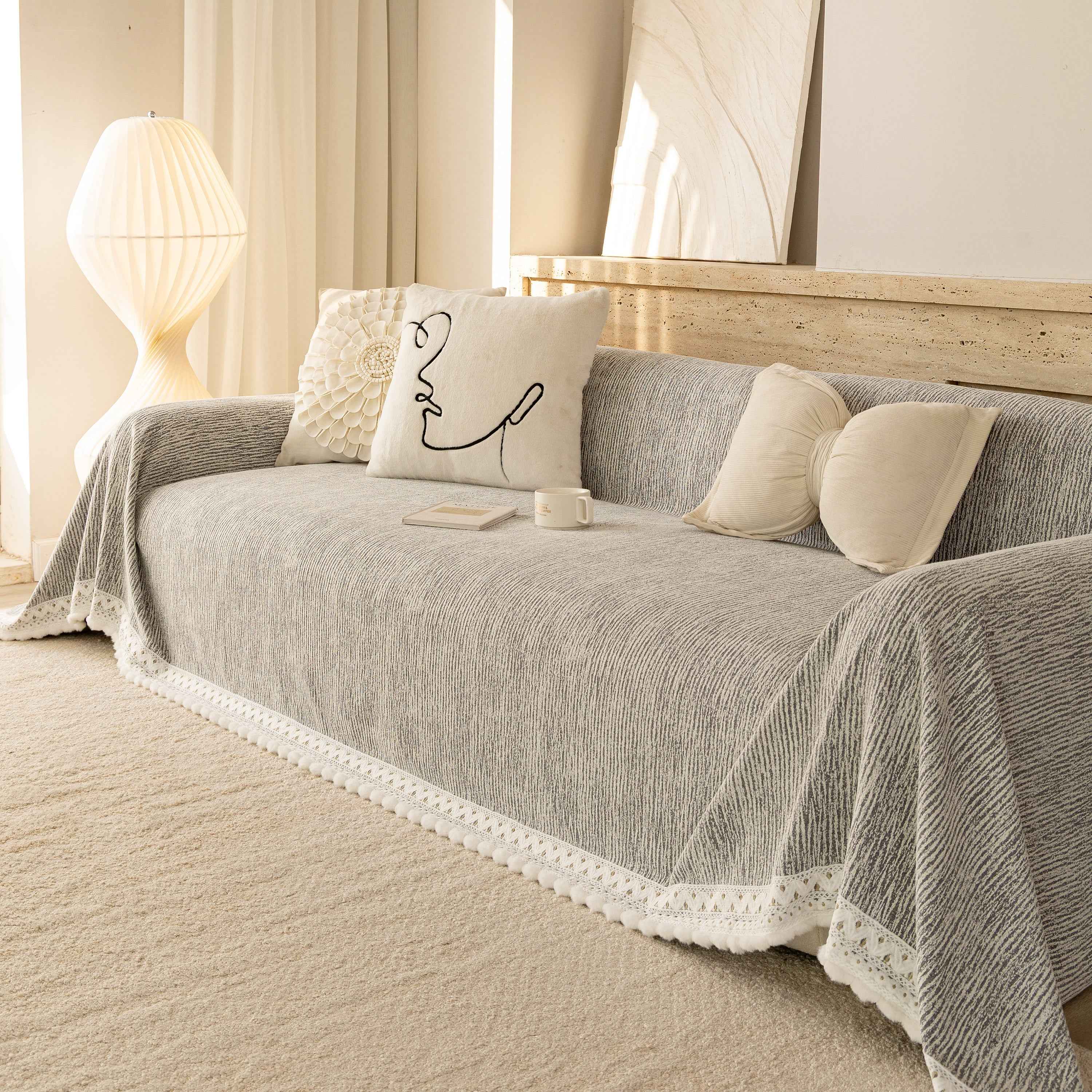 Sofa Cover Throw with Lace Trim & Pom-Pom Fringe, Decorative Couch Cover Blanket