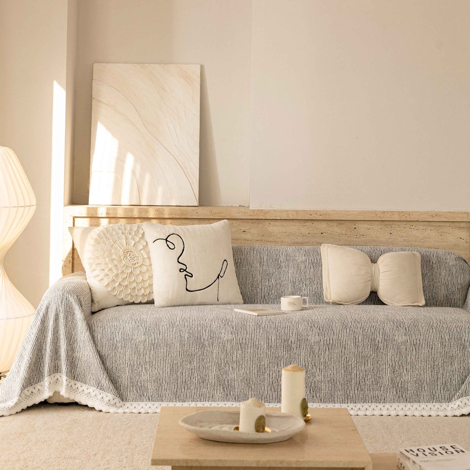 Sofa Cover Throw with Lace Trim & Pom-Pom Fringe, Decorative Couch Cover Blanket