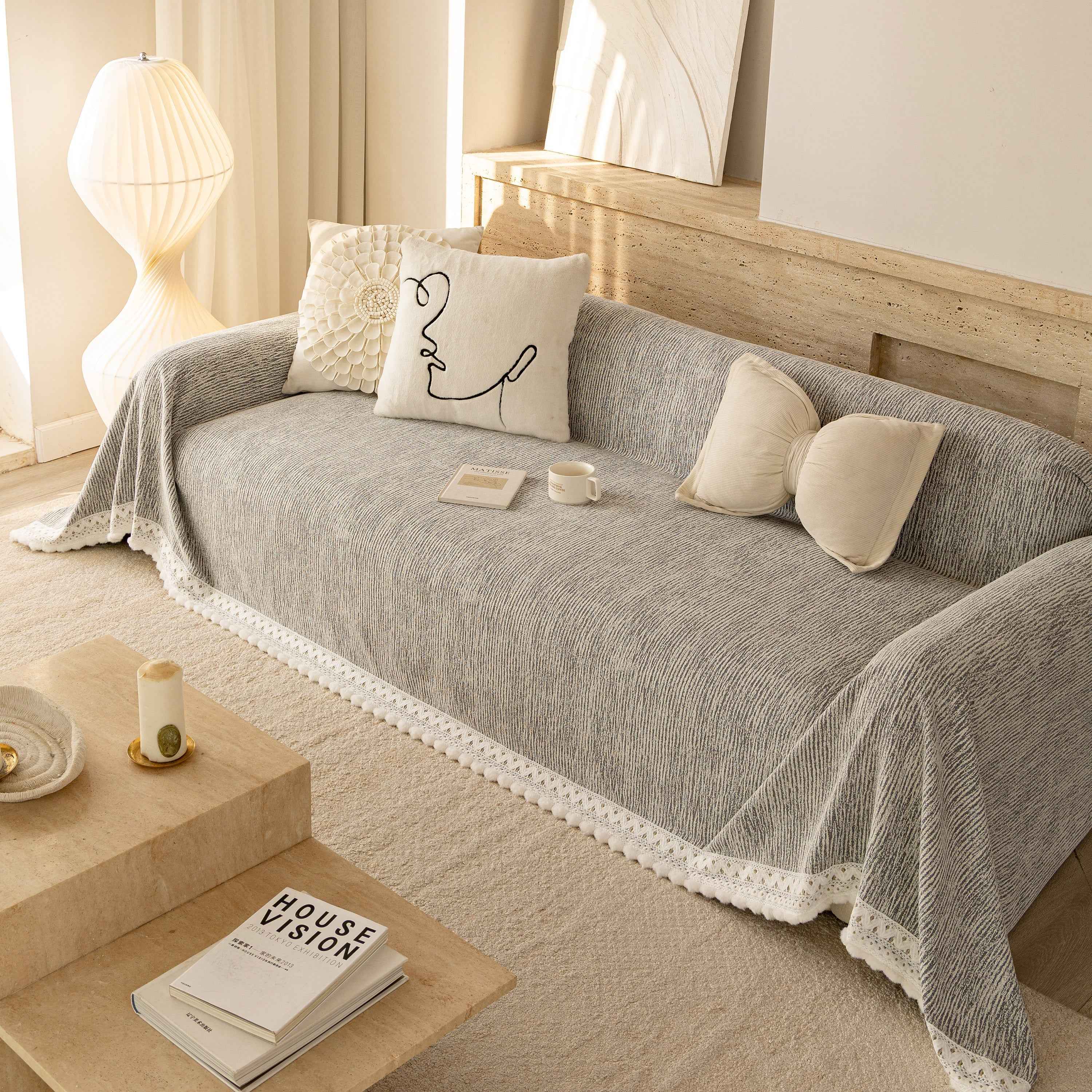 Sofa Cover Throw with Lace Trim & Pom-Pom Fringe, Decorative Couch Cover Blanket