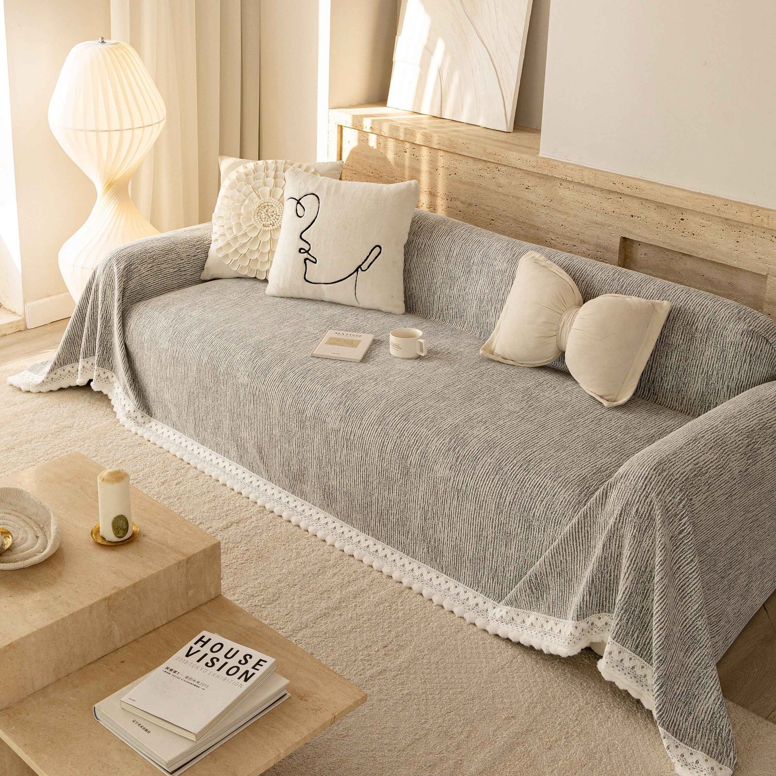 Sofa Cover Throw with Lace Trim & Pom-Pom Fringe, Decorative Couch Cover Blanket