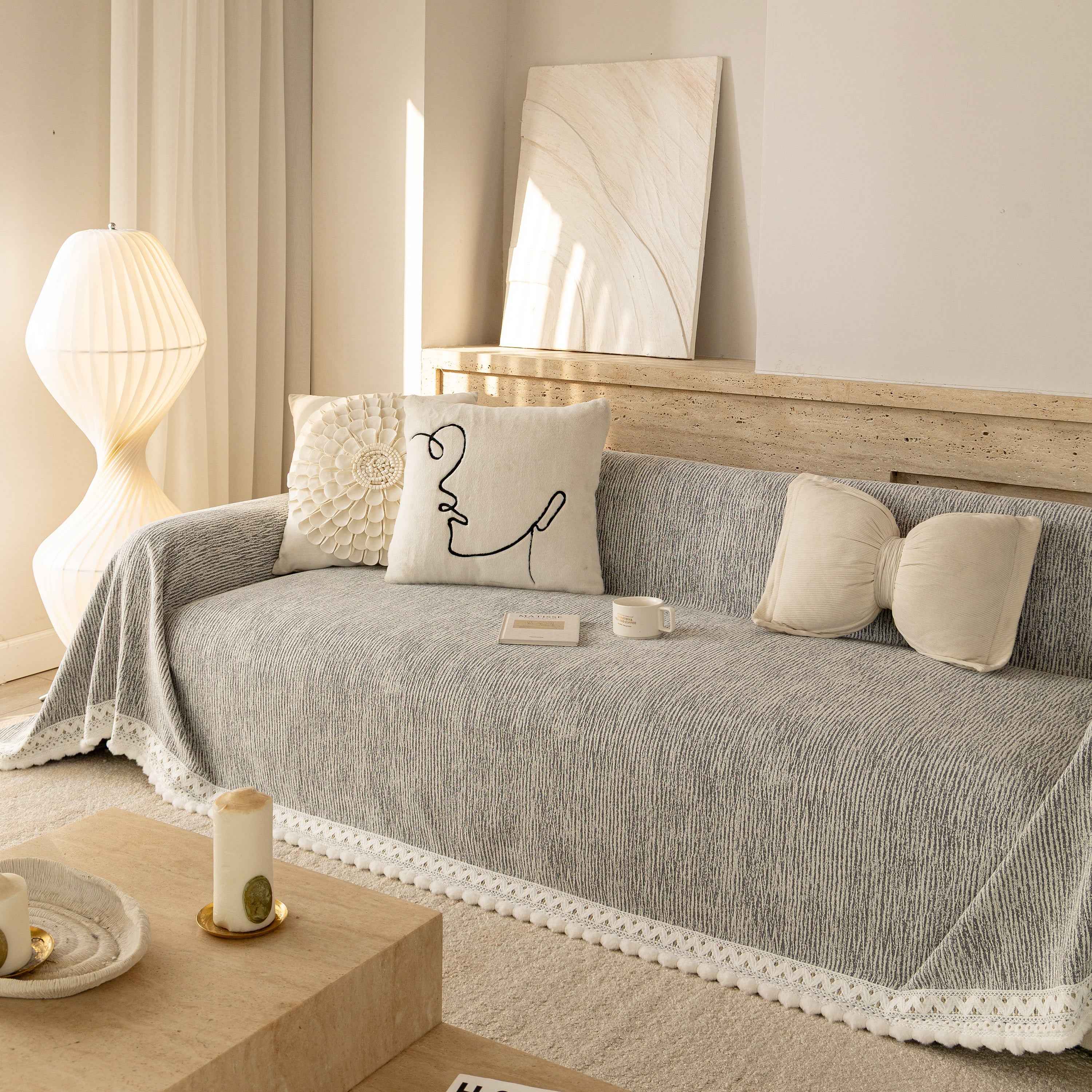 Sofa Cover Throw with Lace Trim & Pom-Pom Fringe, Decorative Couch Cover Blanket