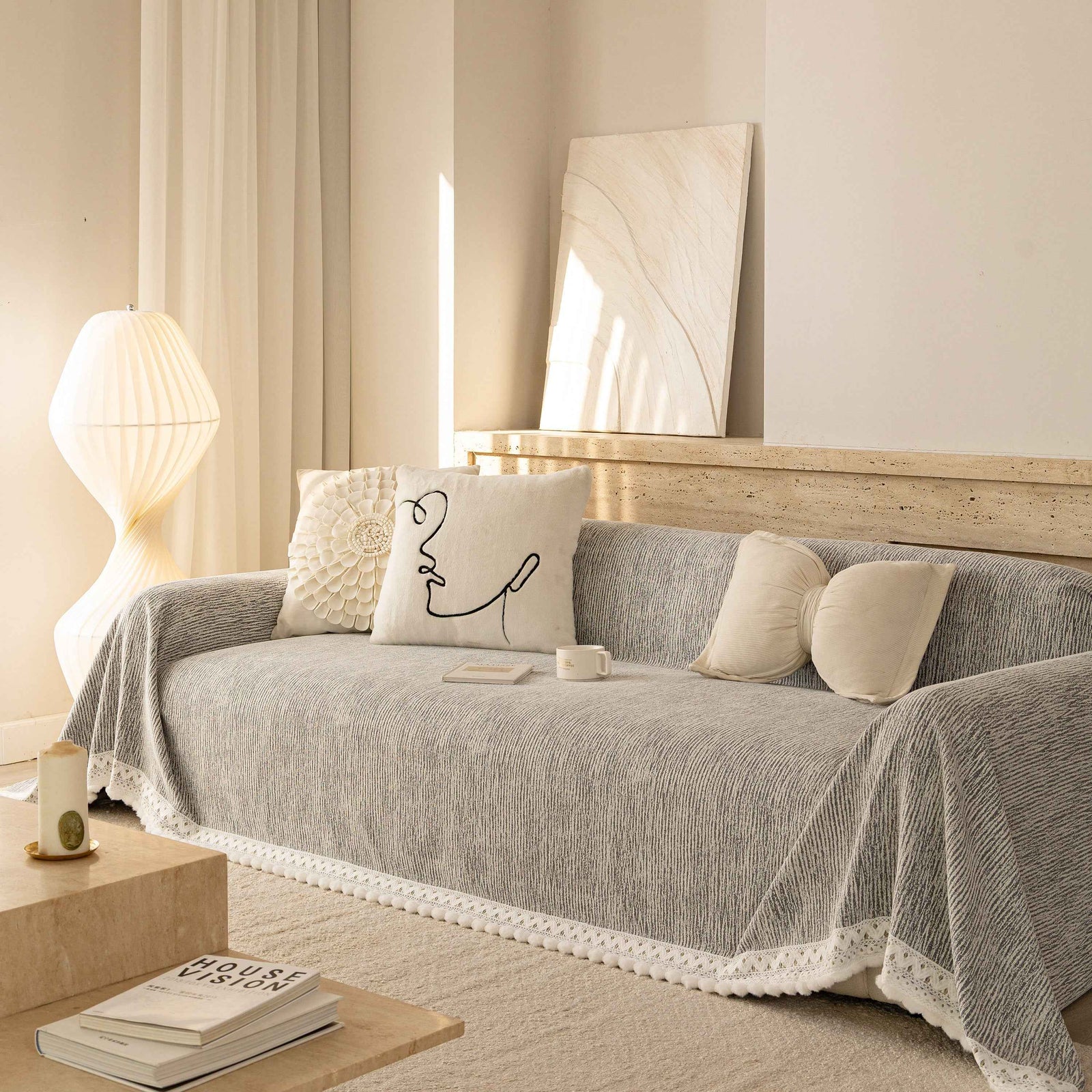 Sofa Cover Throw with Lace Trim & Pom-Pom Fringe, Decorative Couch Cover Blanket