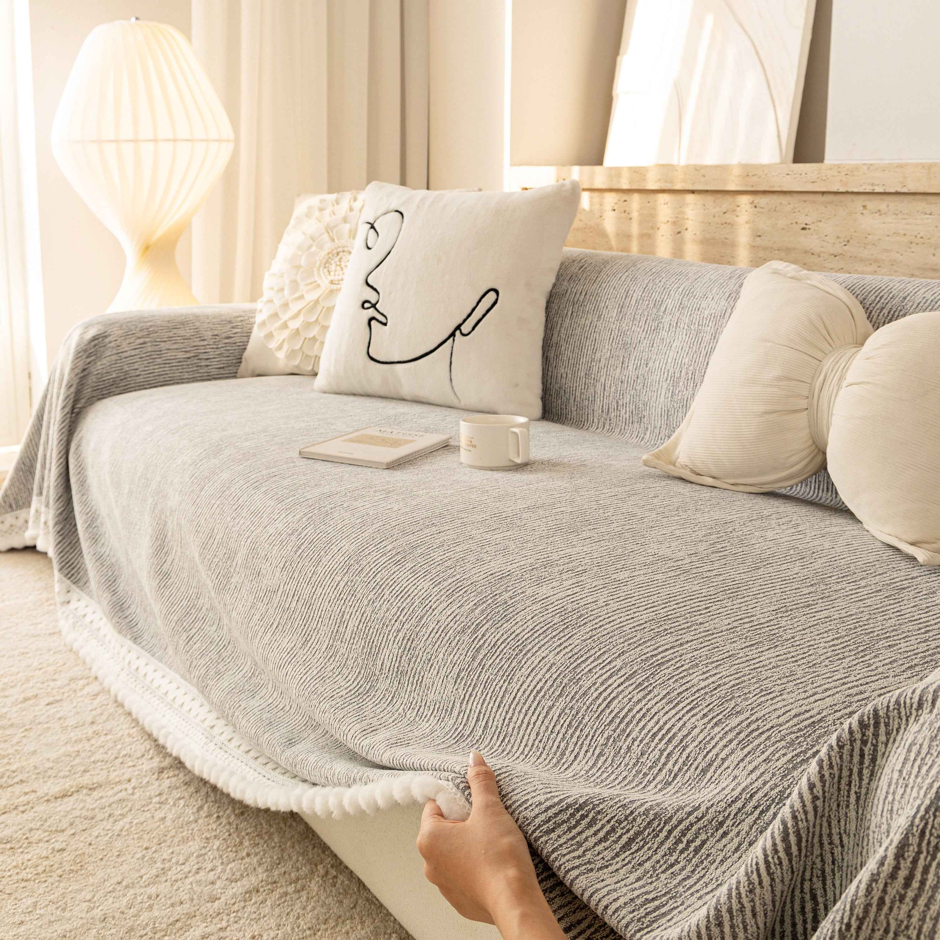Sofa Cover Throw with Lace Trim & Pom-Pom Fringe, Decorative Couch Cover Blanket