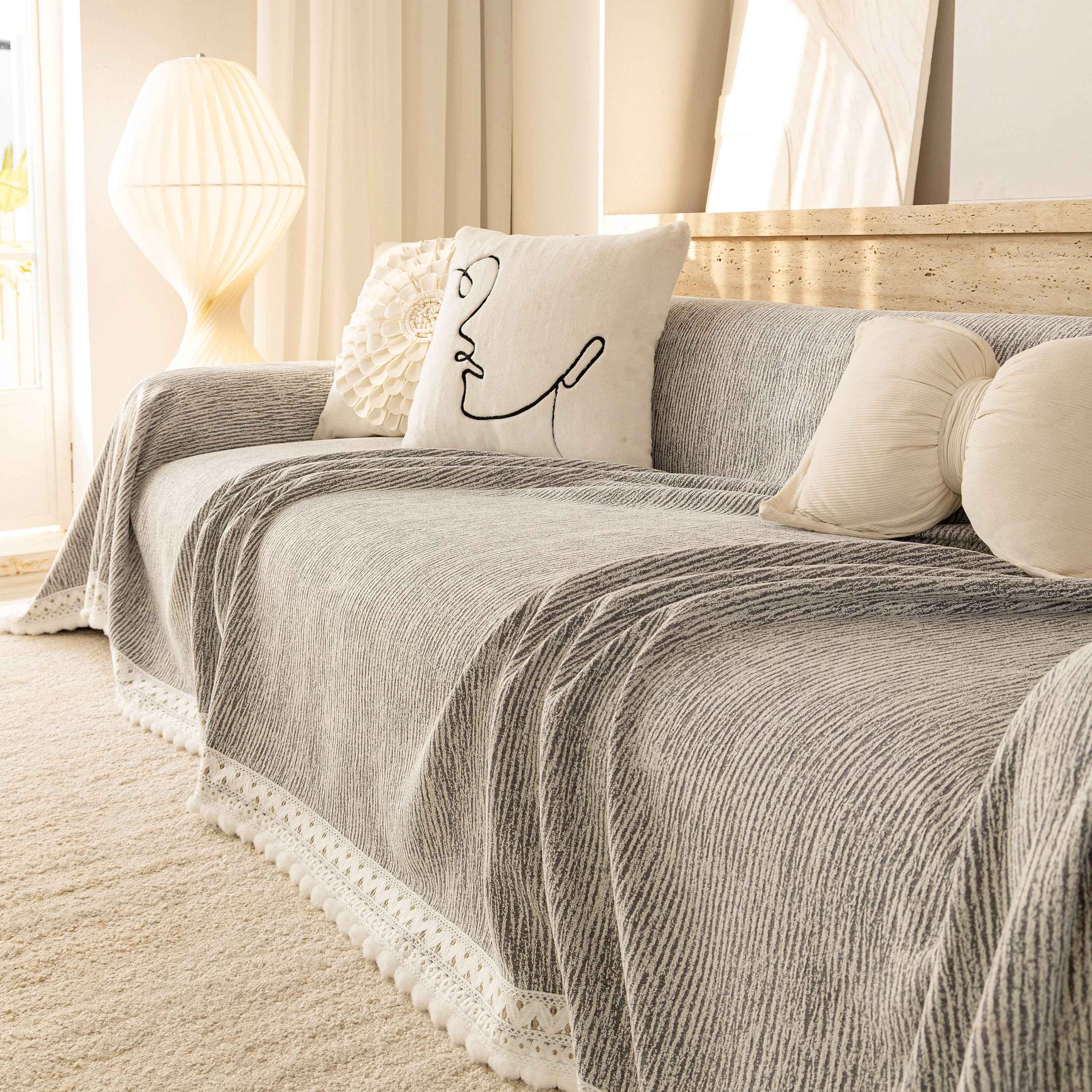 Sofa Cover Throw with Lace Trim & Pom-Pom Fringe, Decorative Couch Cover Blanket