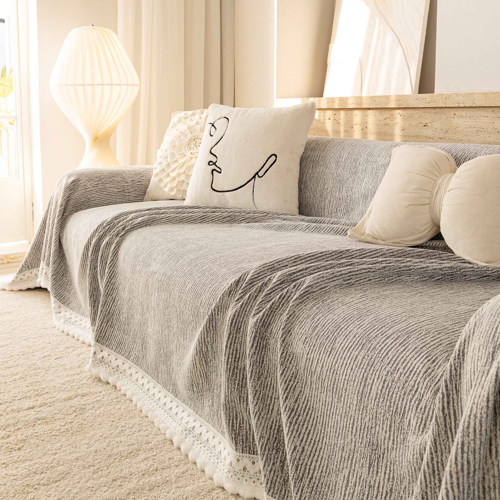 Sofa Cover Throw with Lace Trim & Pom-Pom Fringe, Decorative Couch Cover Blanket