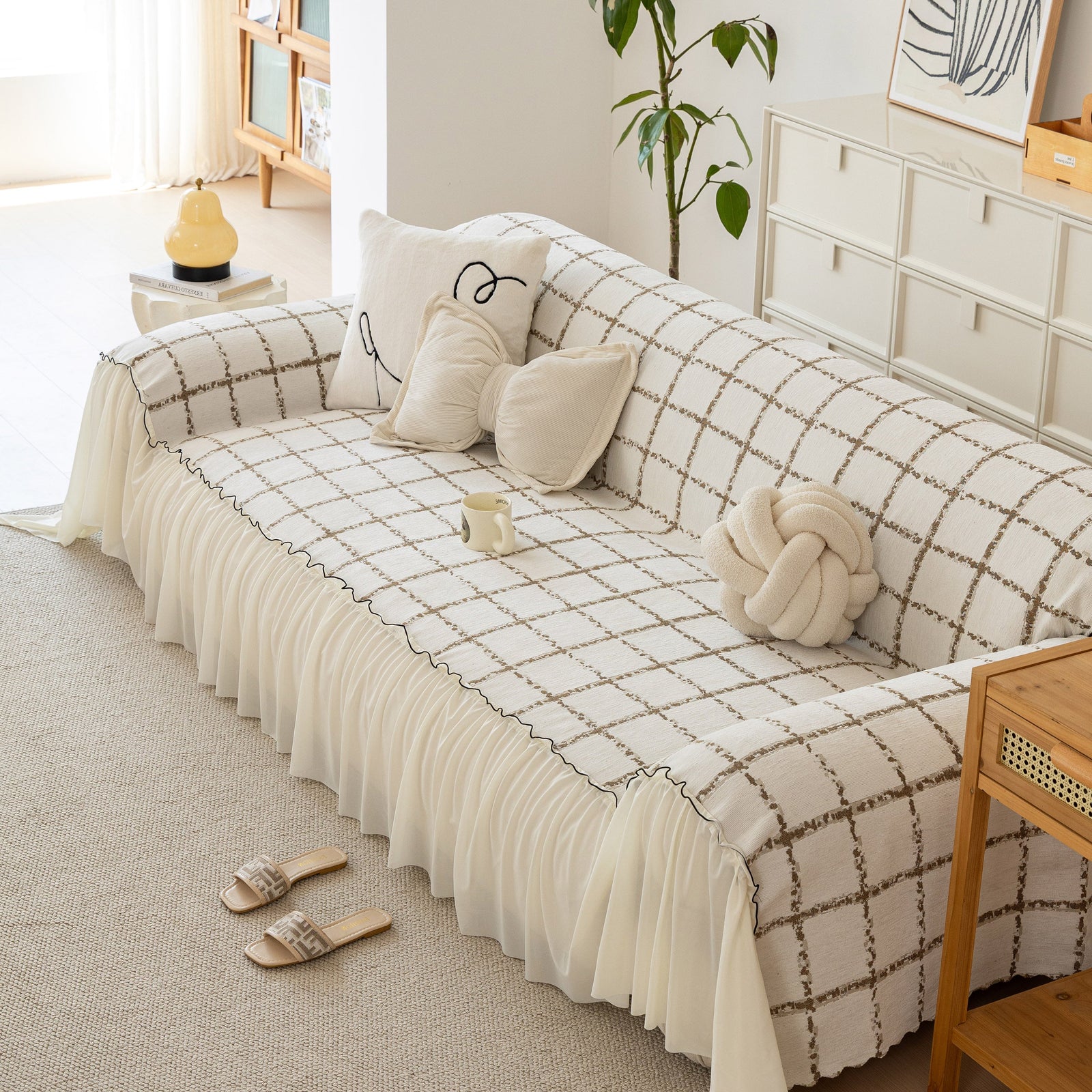 Grid Sofa Cover with Ruffle Skirt – Soft, Decorative, Full-Cover Couch Protector