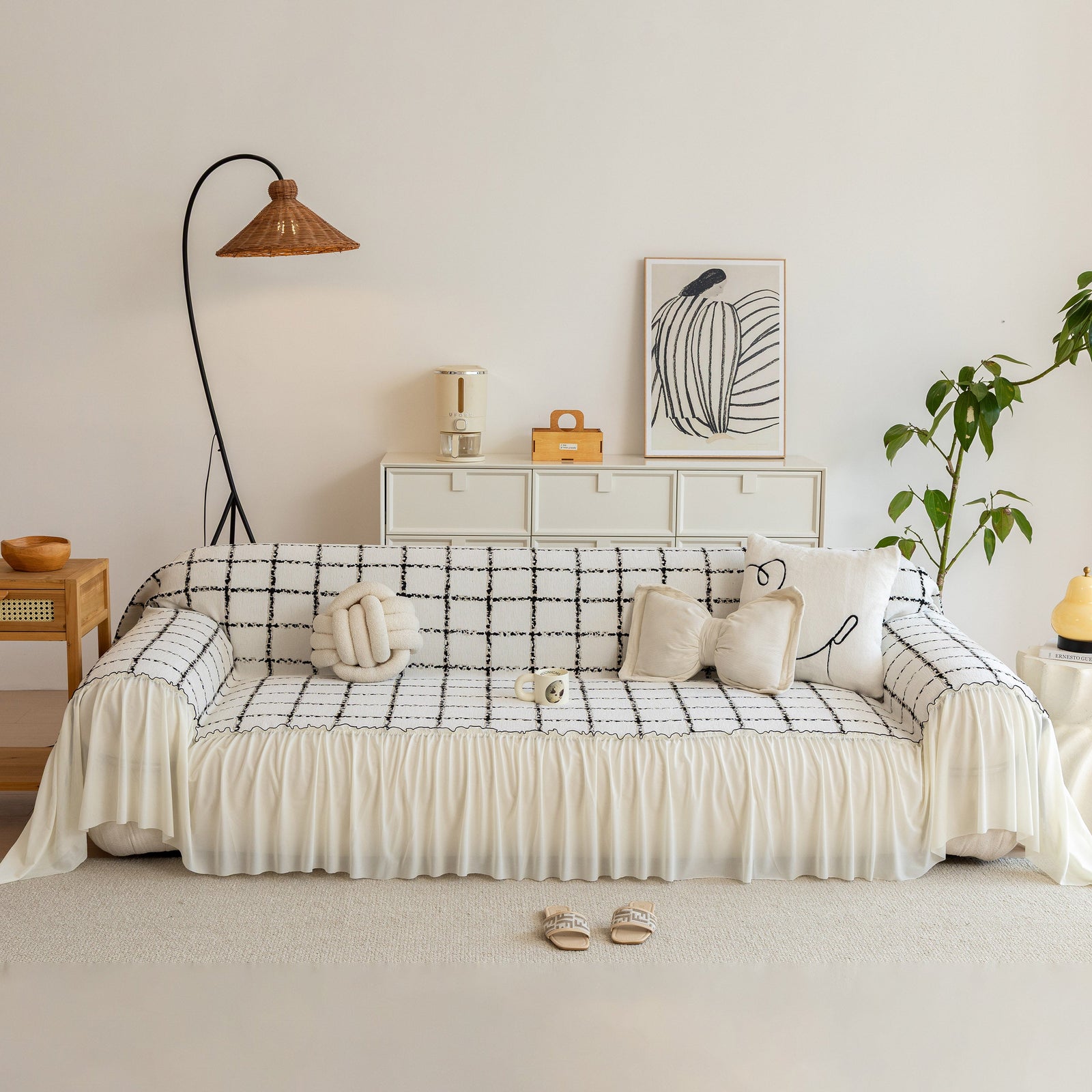 Grid Sofa Cover with Ruffle Skirt – Soft, Decorative, Full-Cover Couch Protector
