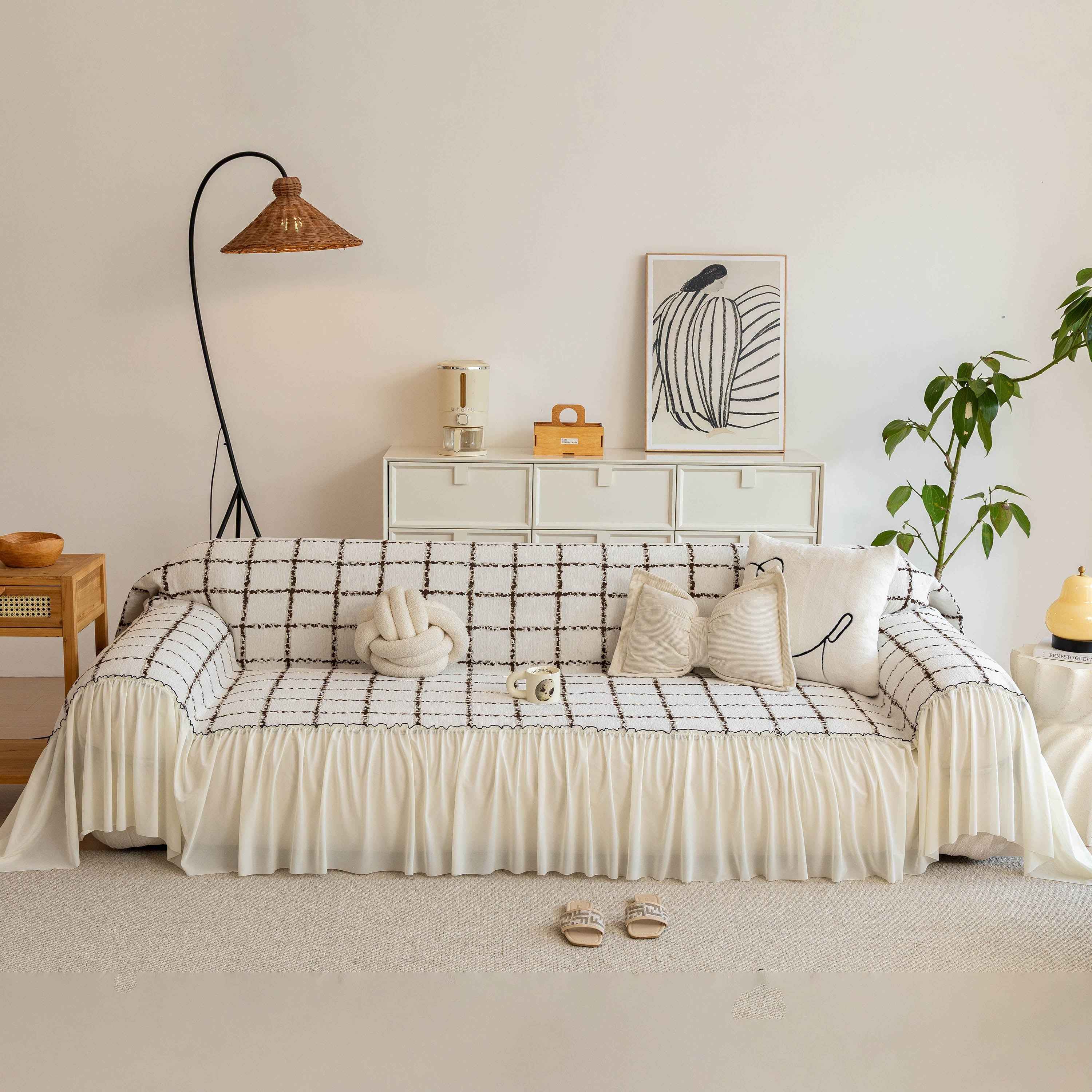 Grid Sofa Cover with Ruffle Skirt – Soft, Decorative, Full-Cover Couch Protector
