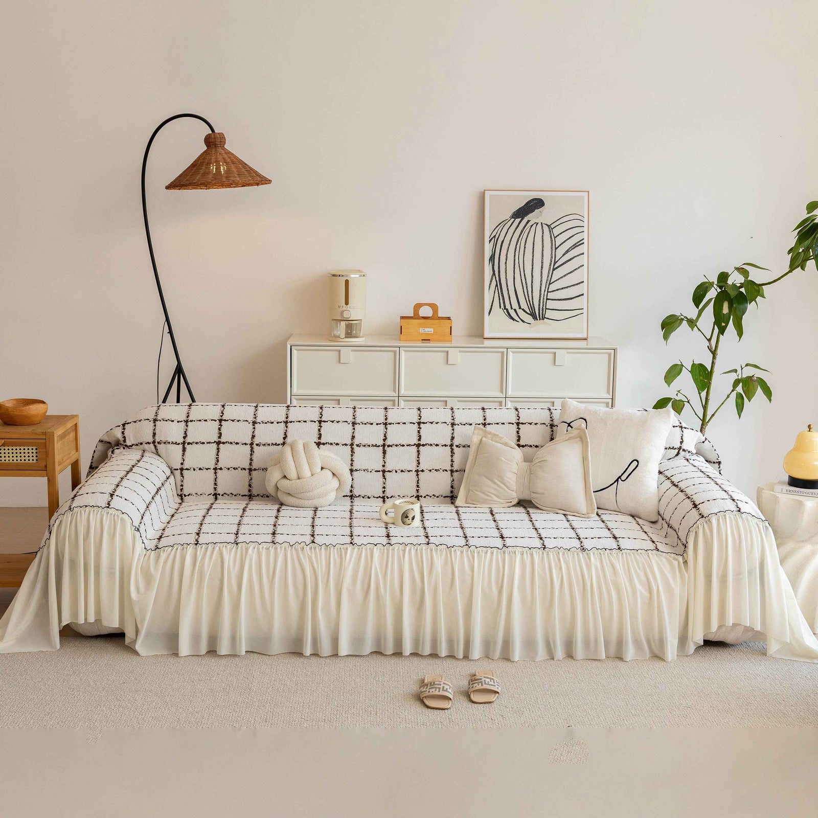 Grid Sofa Cover with Ruffle Skirt – Soft, Decorative, Full-Cover Couch Protector