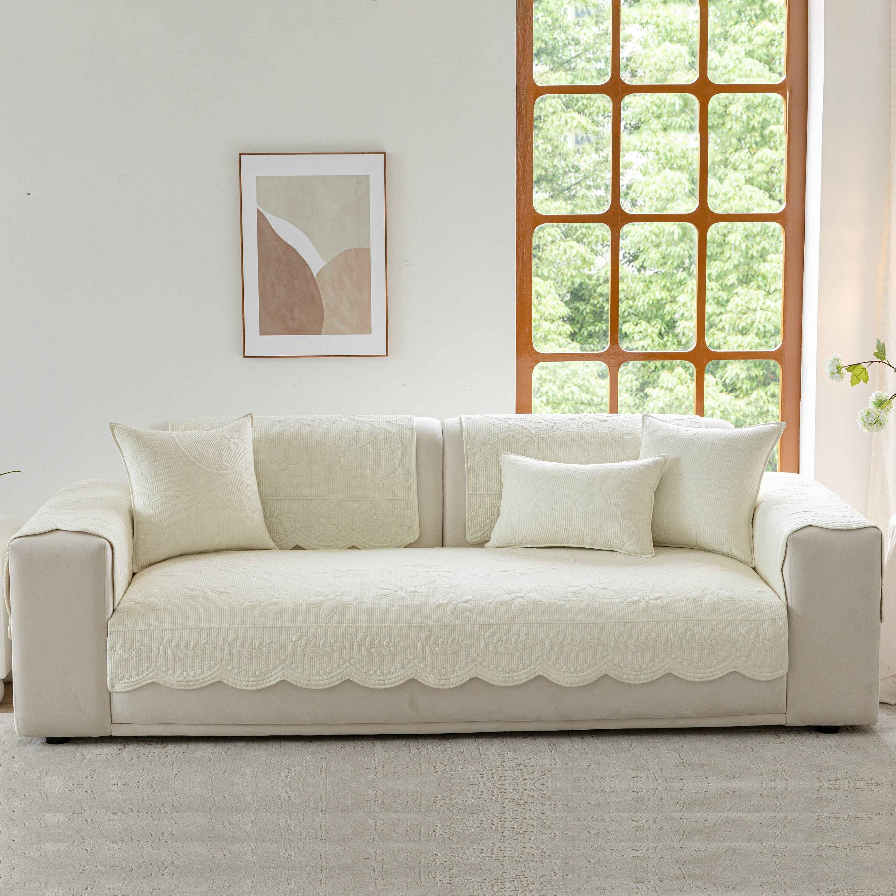 Floral Cotton Quilted Sofa Cover, Non-Slip Couch Protector with Scalloped Edges