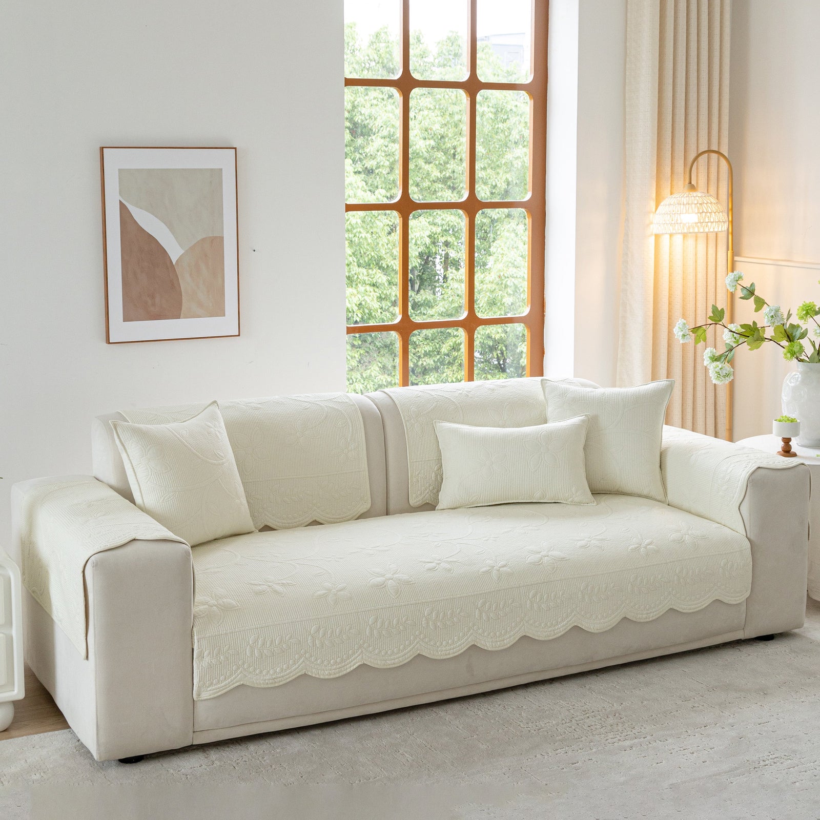 Floral Cotton Quilted Sofa Cover, Non-Slip Couch Protector with Scalloped Edges