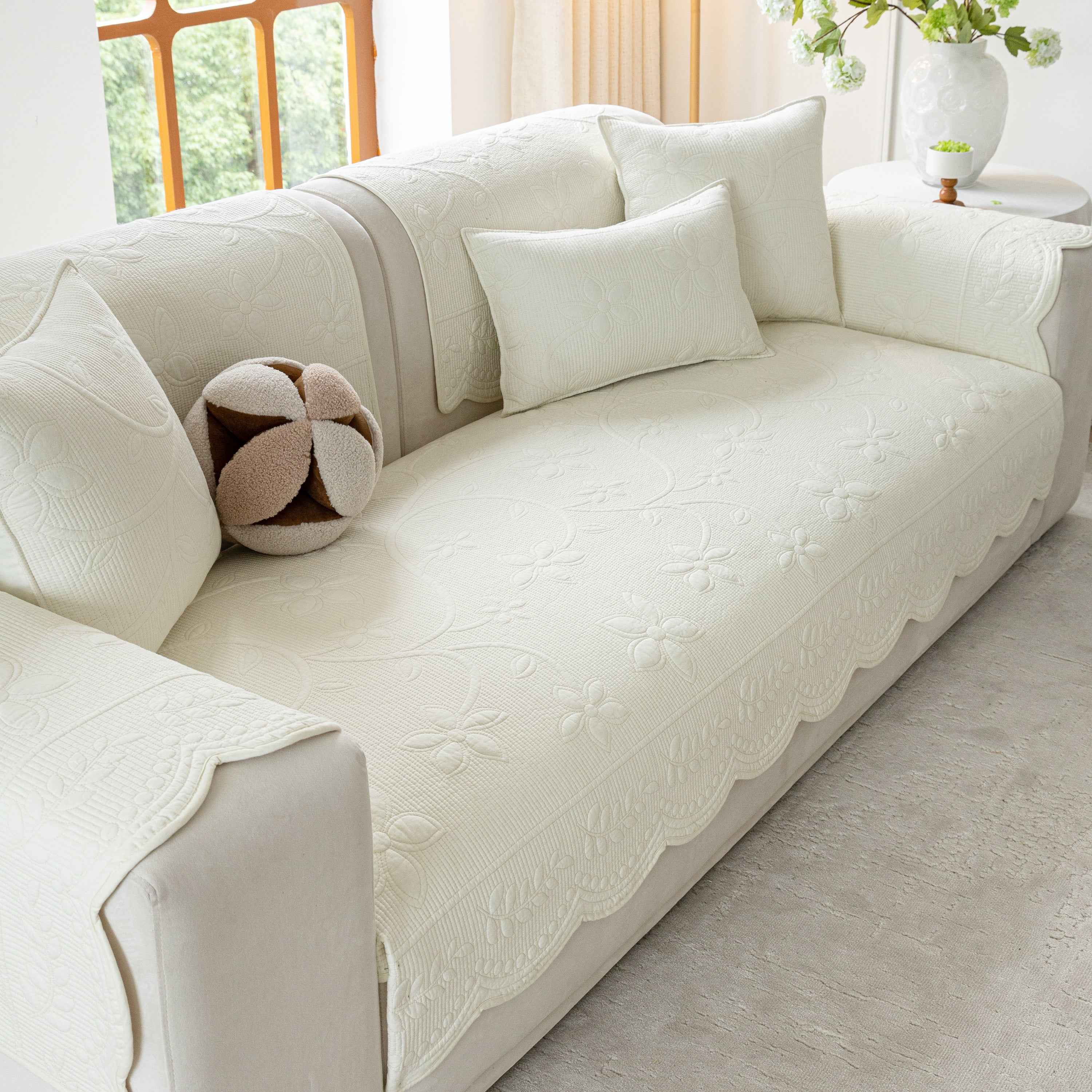 Floral Cotton Quilted Sofa Cover, Non-Slip Couch Protector with Scalloped Edges