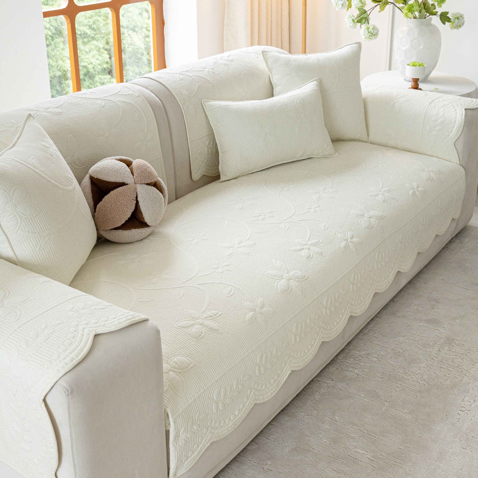 Floral Cotton Quilted Sofa Cover, Non-Slip Couch Protector with Scalloped Edges