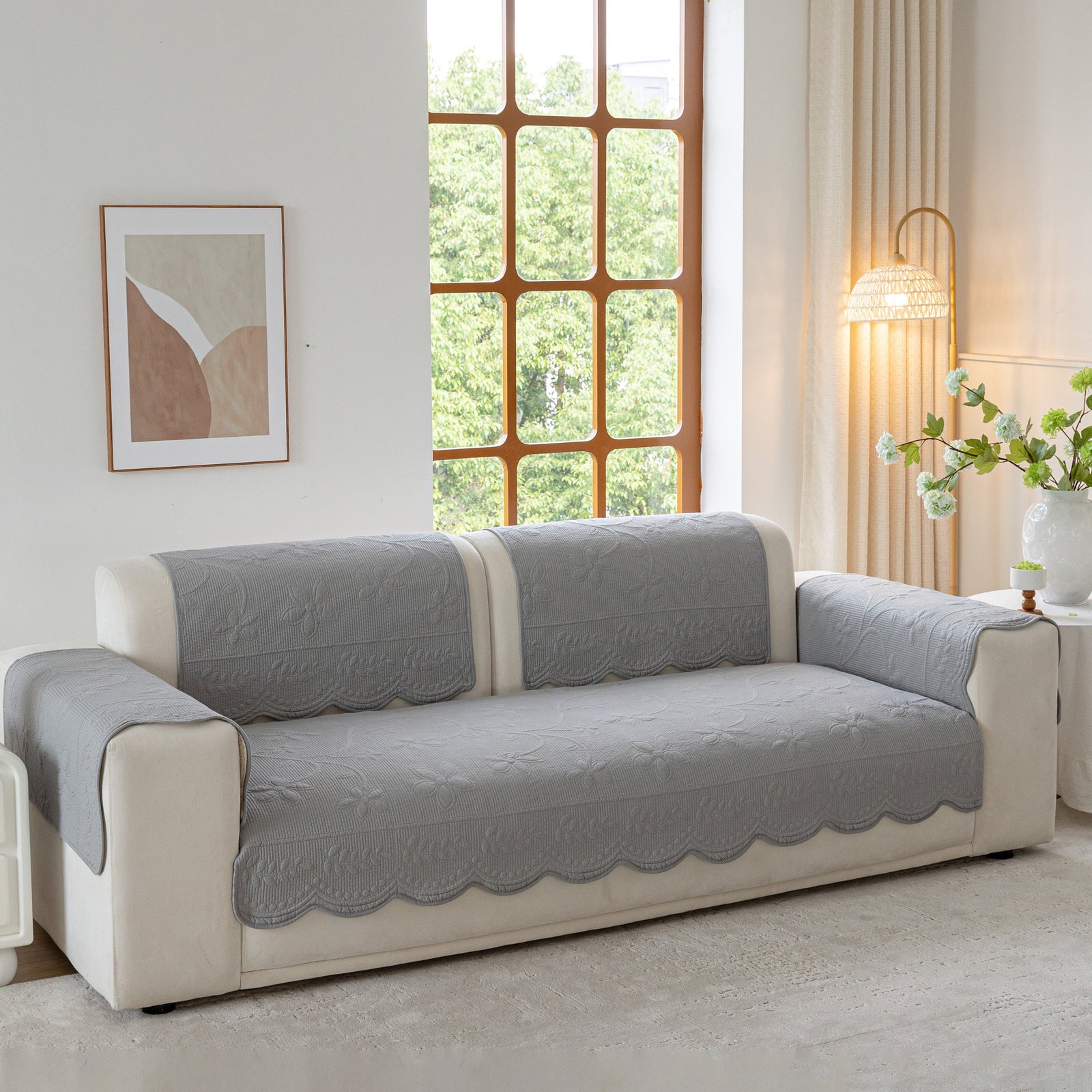 Floral Cotton Quilted Sofa Cover, Non-Slip Couch Protector with Scalloped Edges