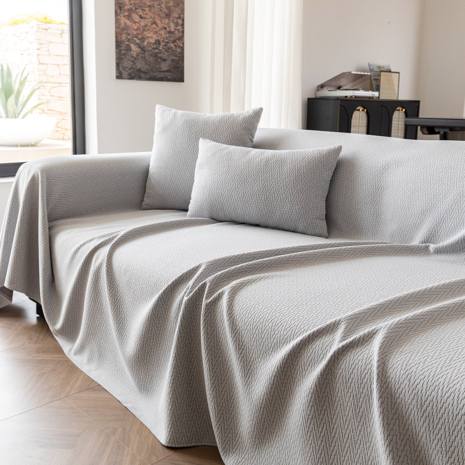 Herringbone Textured Sofa Throw Blanket, Durable Pet Friendly Modern Couch Slipcover