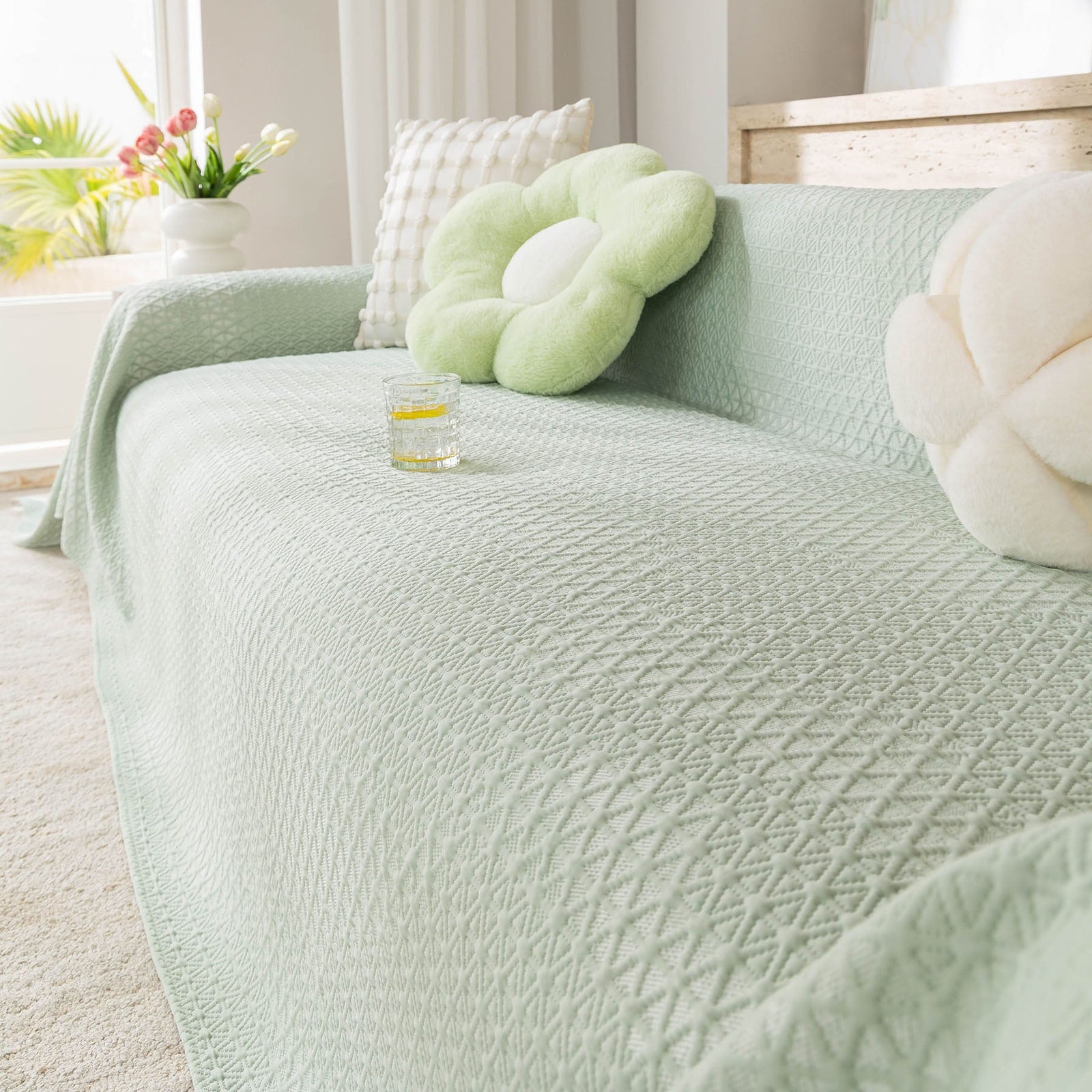 Cooling Ice Silk Sofa Throw Cover, Summer Diamond Textured Furniture Protector Blanket