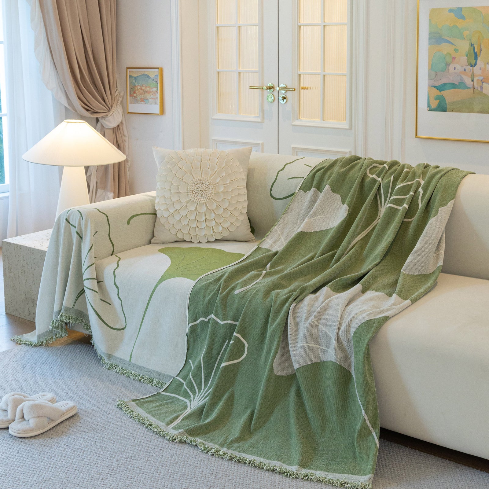 Cozy Couch Throw Blanket with Tassels, Jacquard Leaf Pattern Furniture Protector