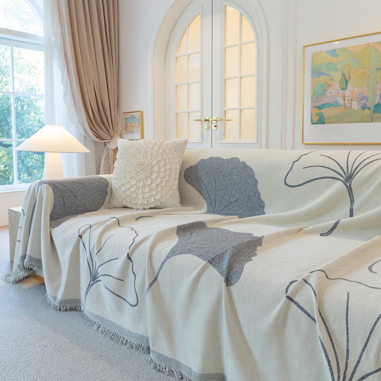 Cozy Couch Throw Blanket with Tassels, Jacquard Leaf Pattern Furniture Protector