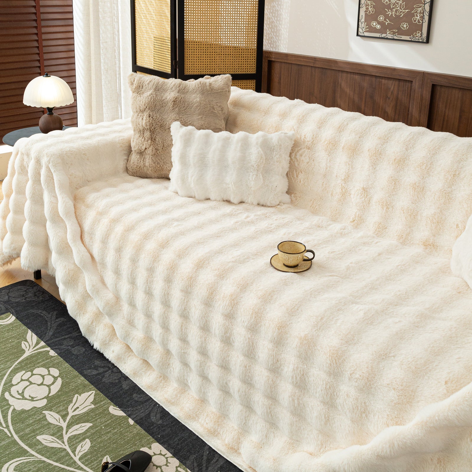 Thick Faux Fur Sofa Cover Fluffy Plush Warm Sofa Slipcover Furniture Protector for Couch Bed