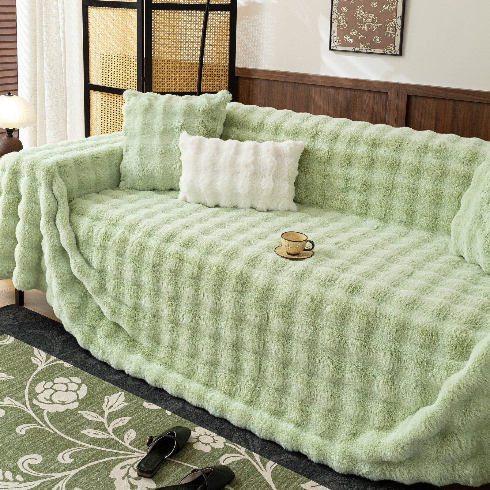 Thick Faux Fur Sofa Cover Fluffy Plush Warm Sofa Slipcover Furniture Protector for Couch Bed