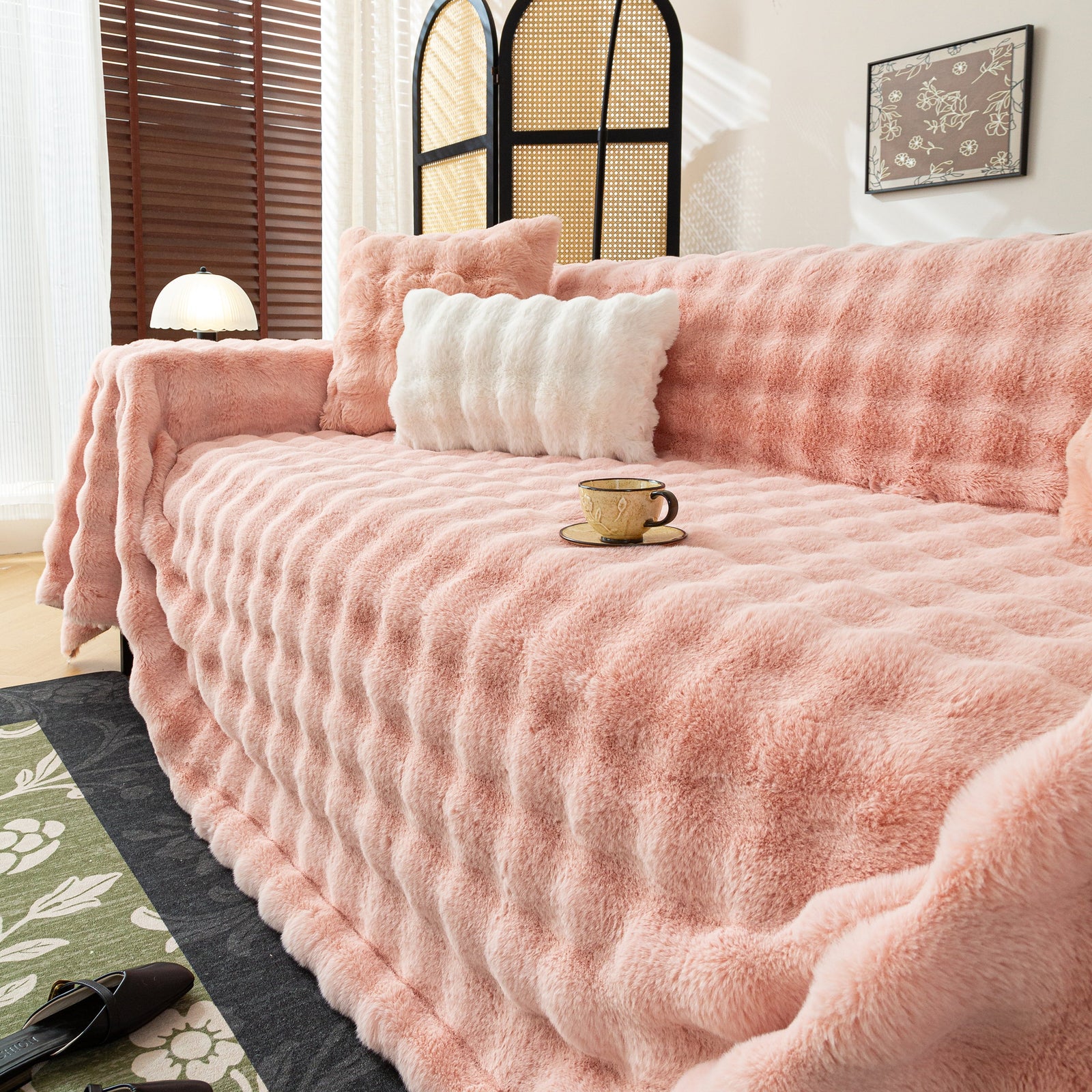 Thick Faux Fur Sofa Cover Fluffy Plush Warm Sofa Slipcover Furniture Protector for Couch Bed