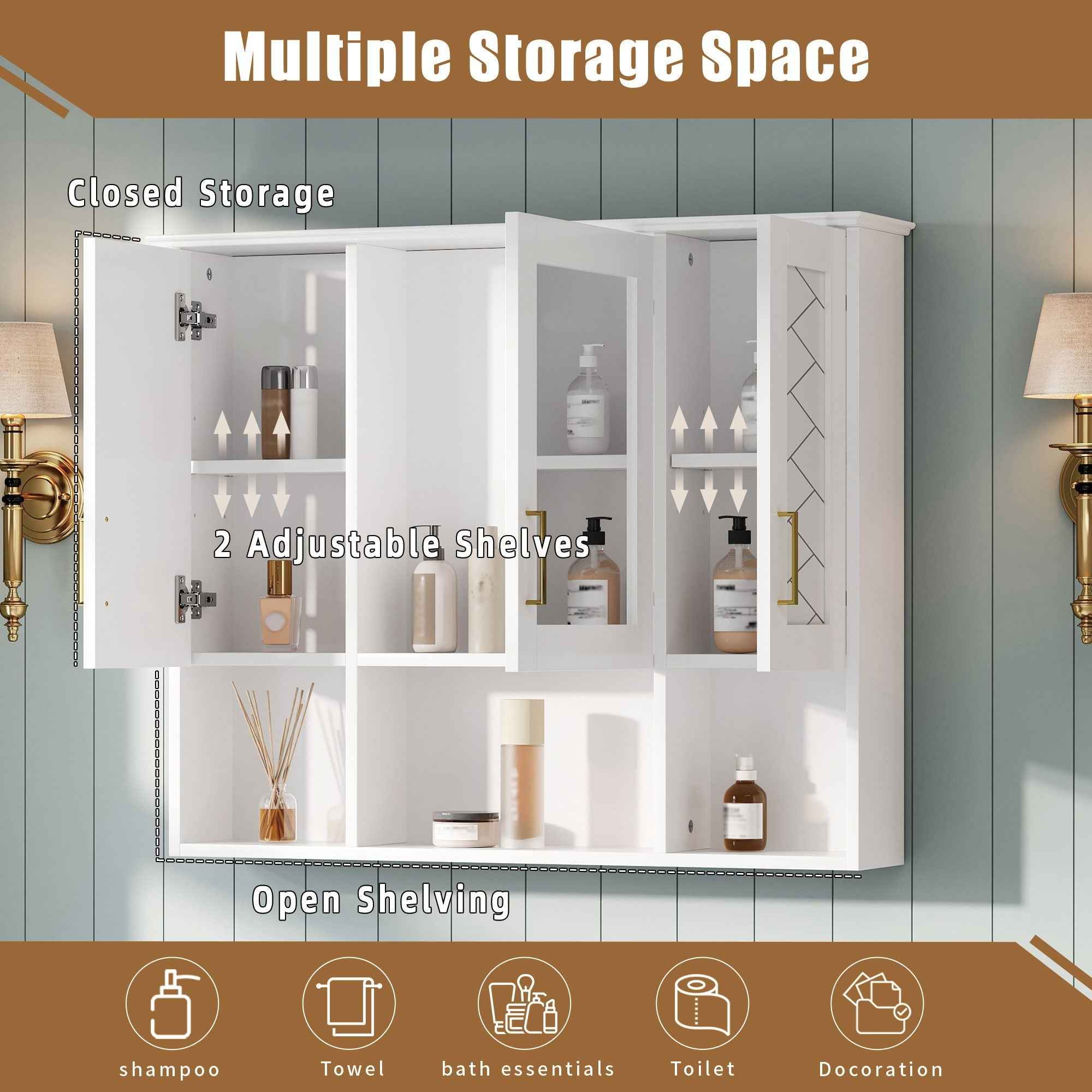 Modern Wall Mounted Medicine Cabinet With Adjustable Shelves, Soft Close Doors, High Define Mirror