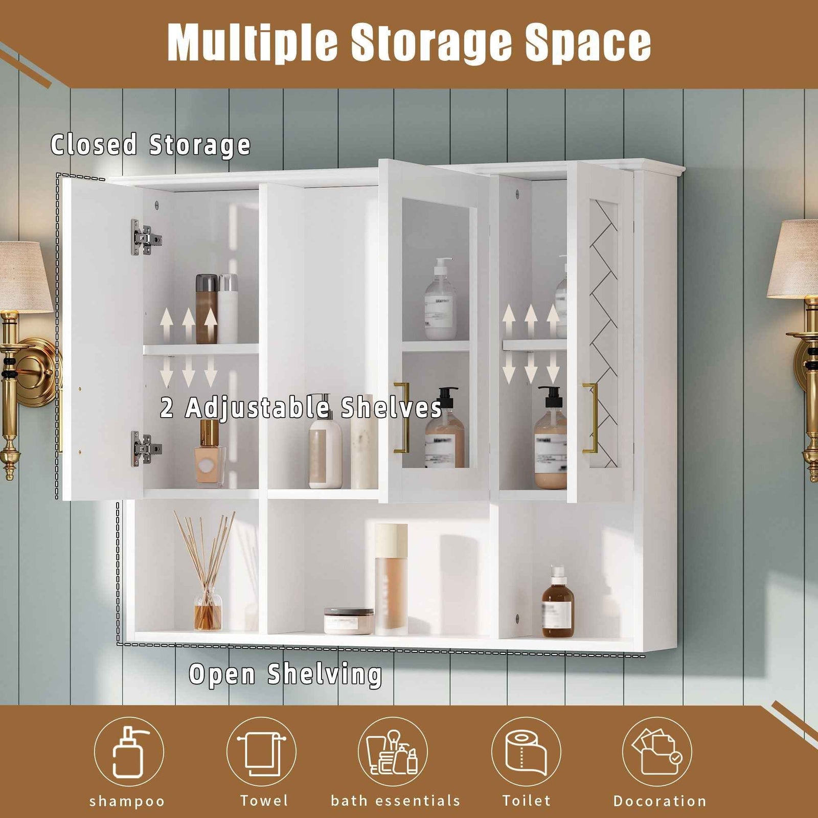 Modern Wall Mounted Medicine Cabinet With Adjustable Shelves, Soft Close Doors, High Define Mirror