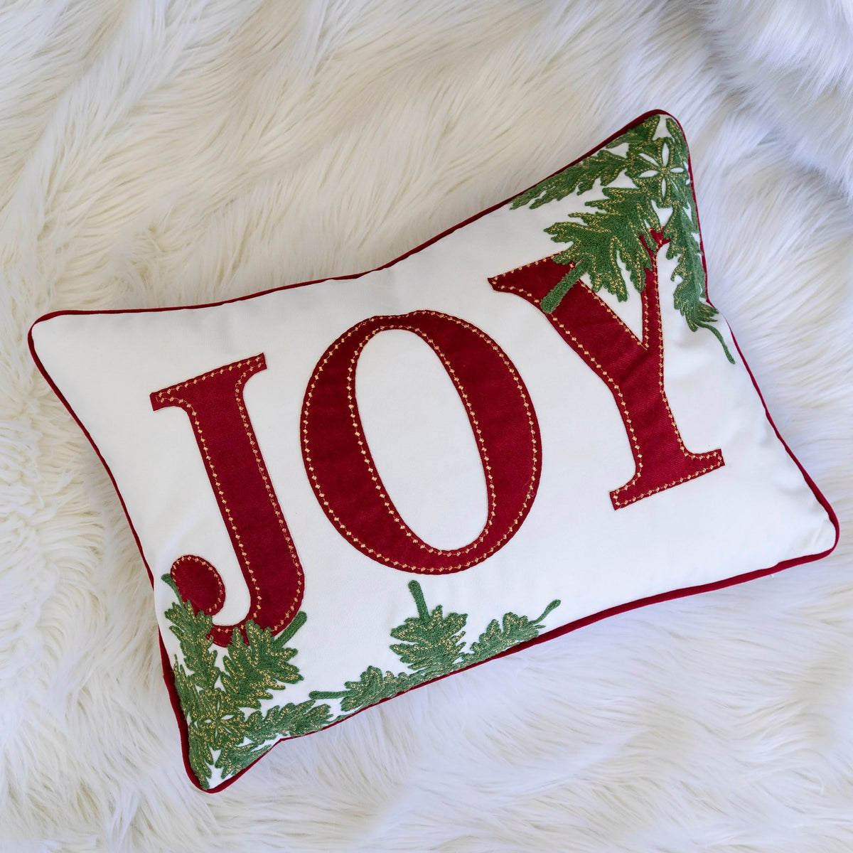 JOY Embroidered Christmas Throw Pillow with Velvet - Red and Green