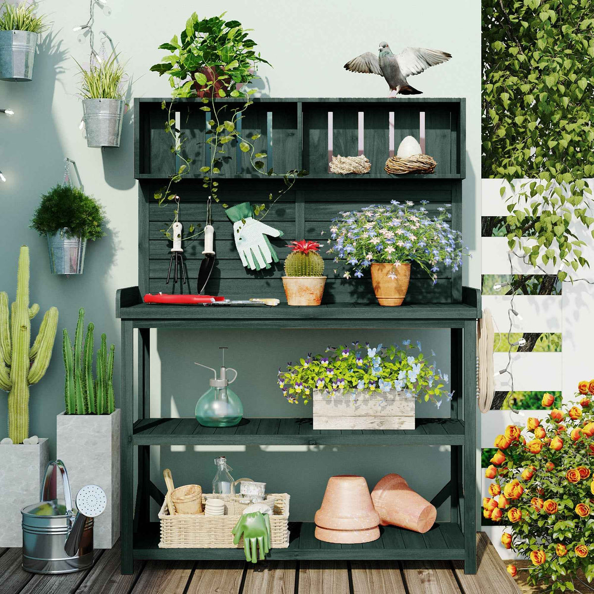 Large Wooden Farmhouse Potting Bench Table with 4 Shelves - Rustic Fir Wood
