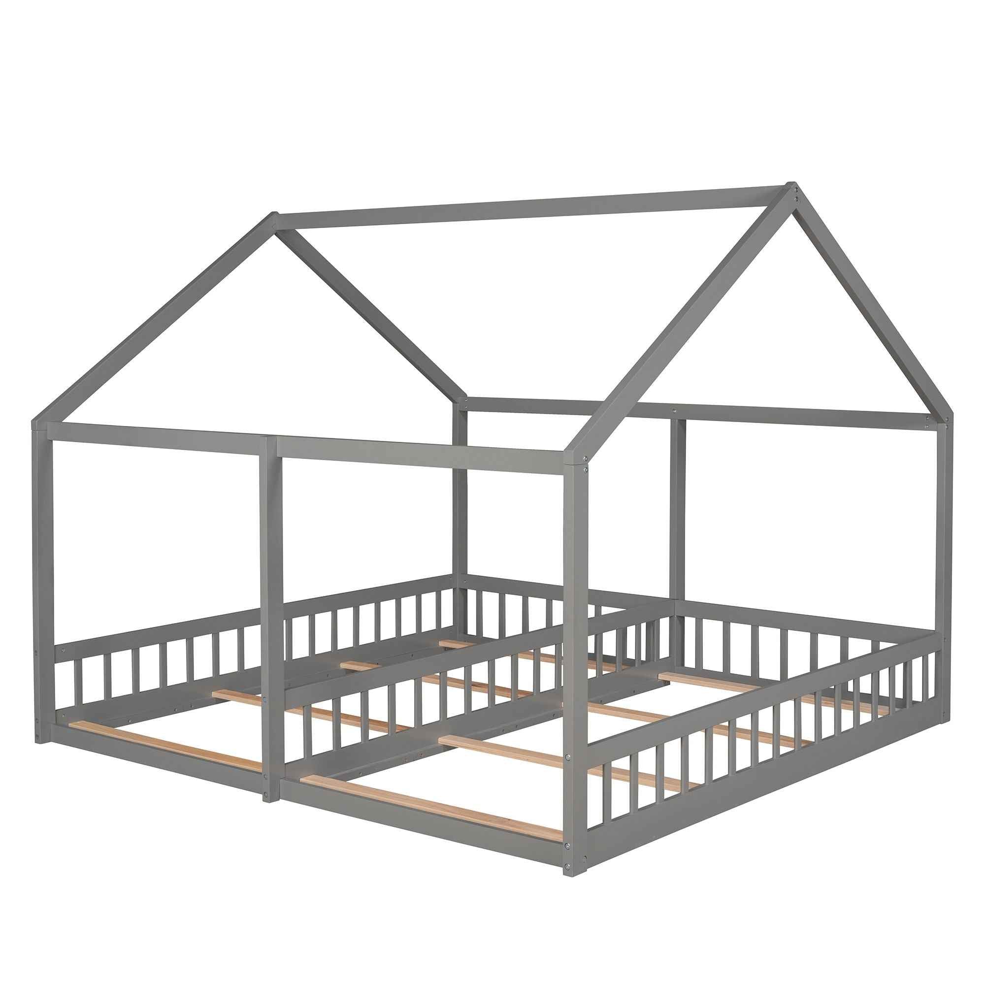 House Platform Beds, 2 Shared Beds, Metal Frame With Guardrails