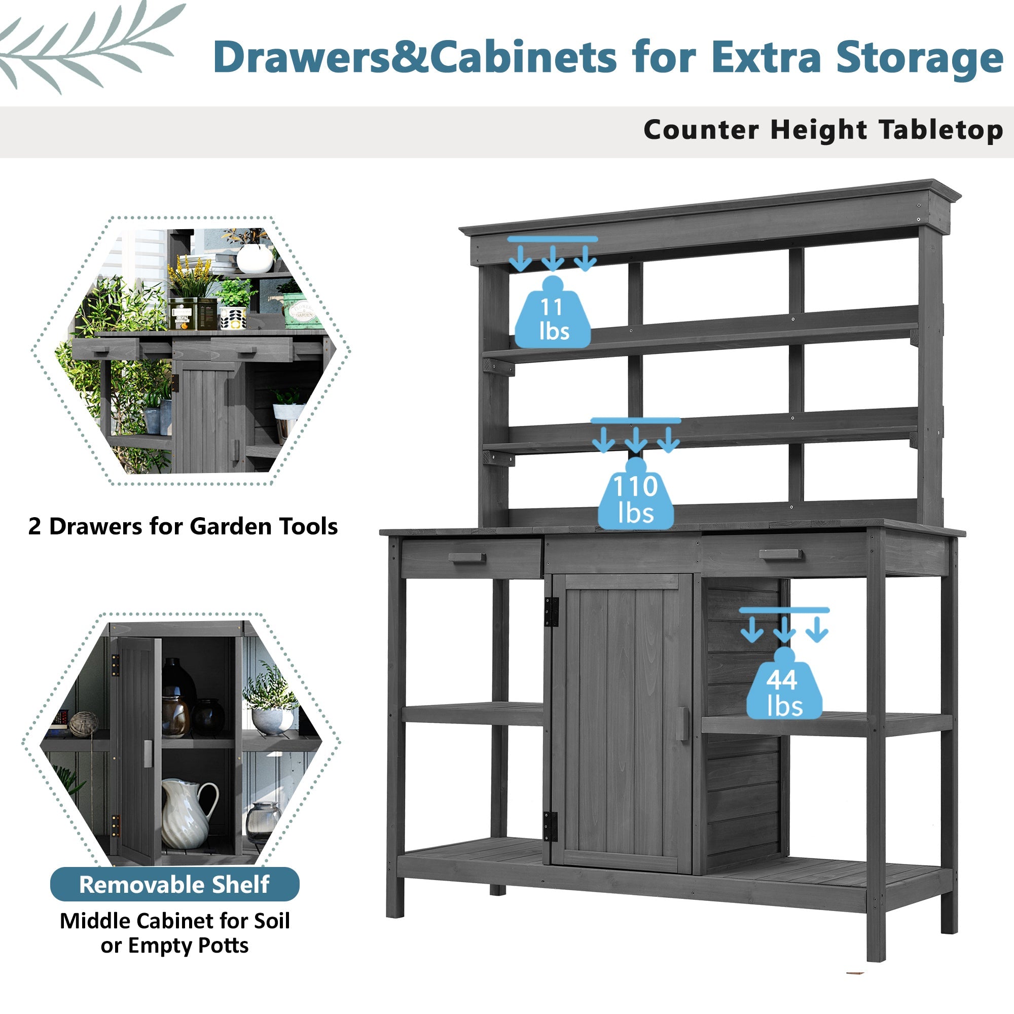 Large Wooden Potting Bench Table with Drawers and Shelves - Gray