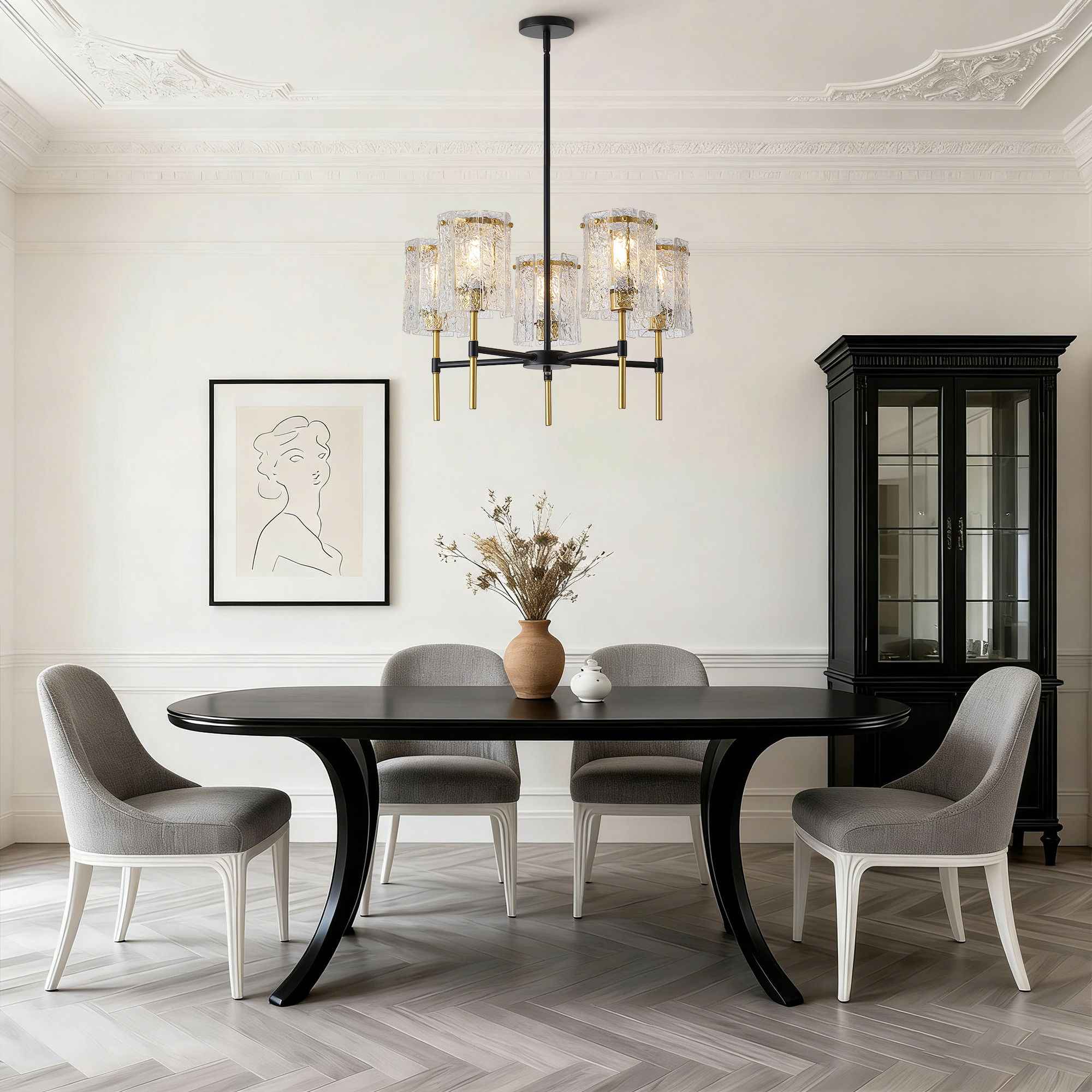 5 Light Chandelier, Textured Glass Pendant Light, (Not Including The Bulb) For Living Room - Black / Gold
