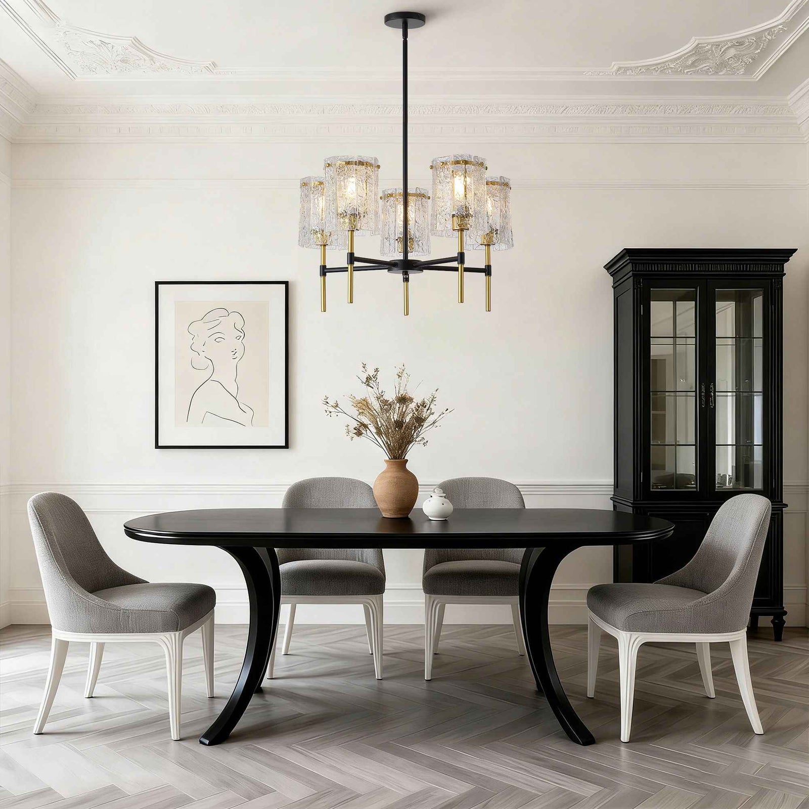 5 Light Chandelier, Textured Glass Pendant Light, (Not Including The Bulb) For Living Room - Black / Gold