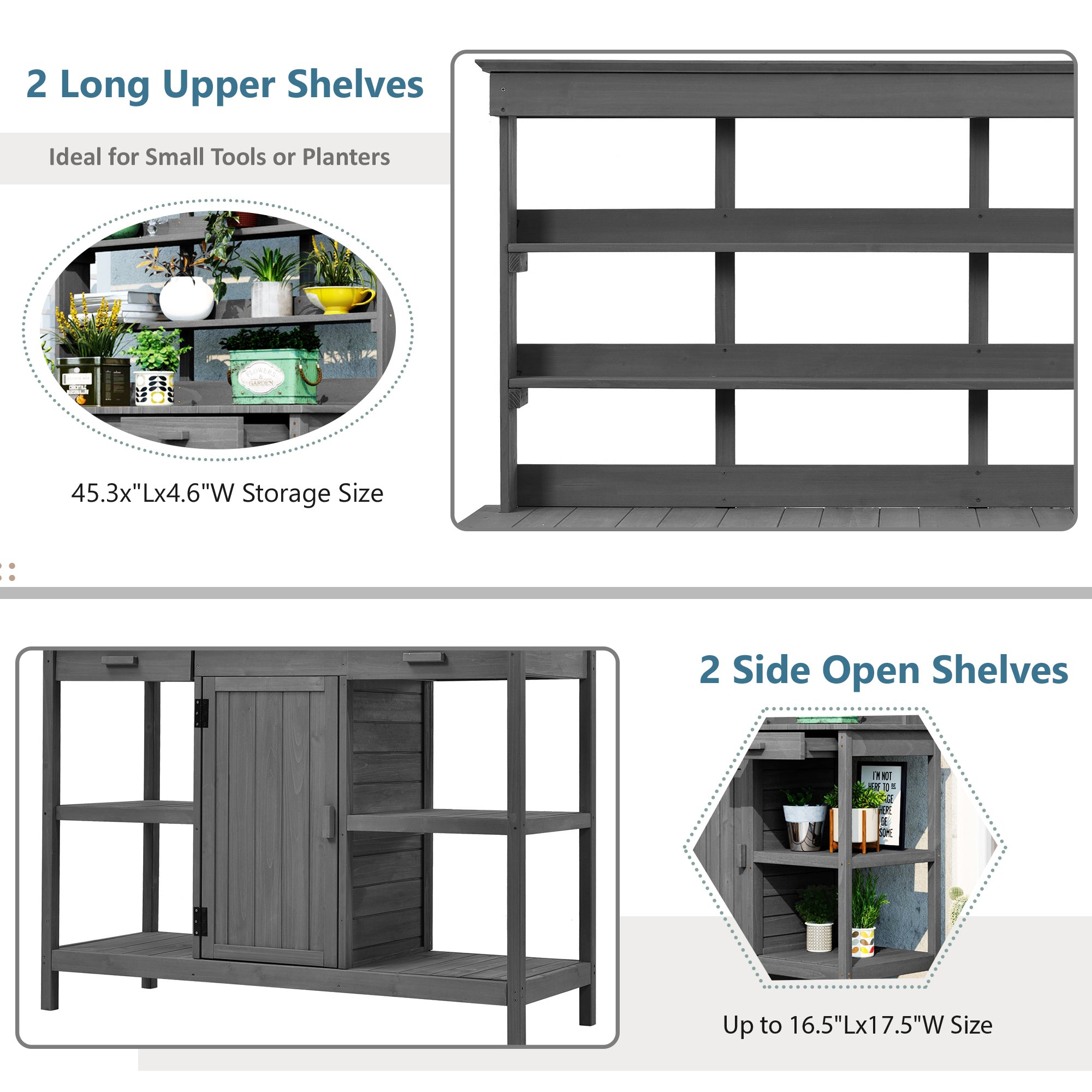 Large Wooden Potting Bench Table with Drawers and Shelves - Gray