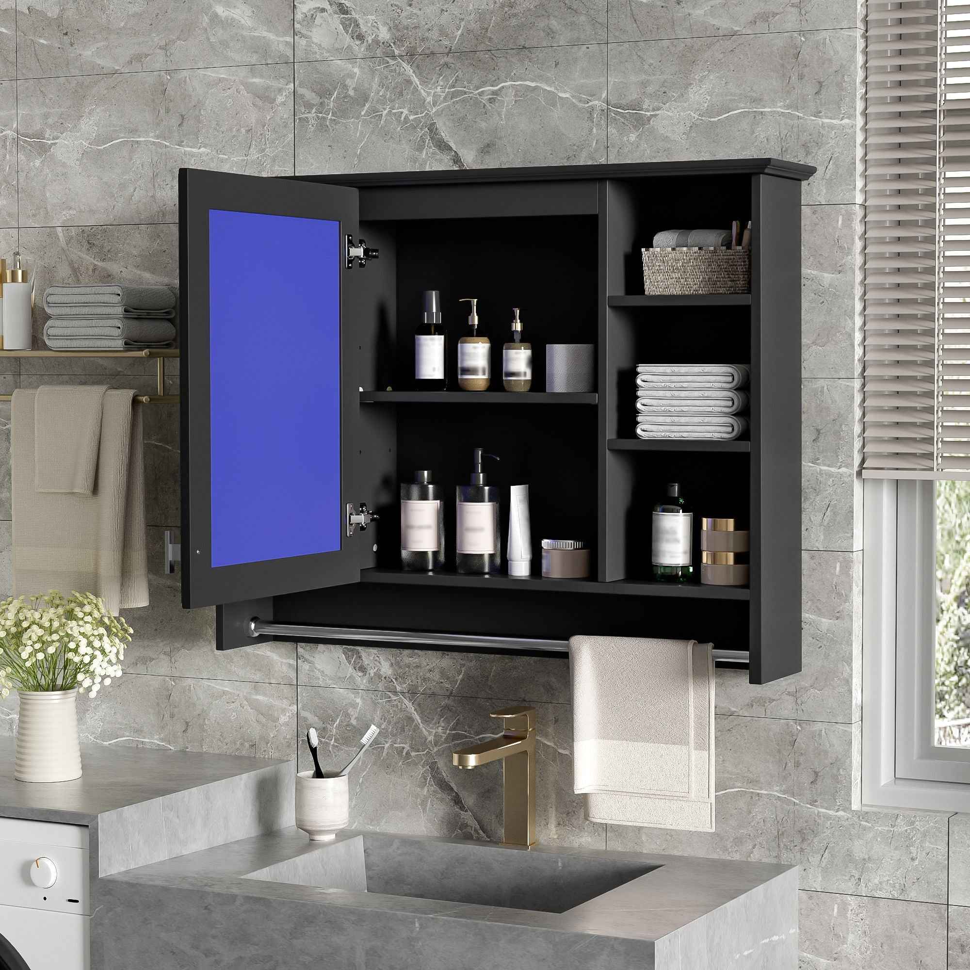 Modern Wall Mounted Mirror Cabinet With Adjustable Shelf, Soft Close Door, And Towel Bar
