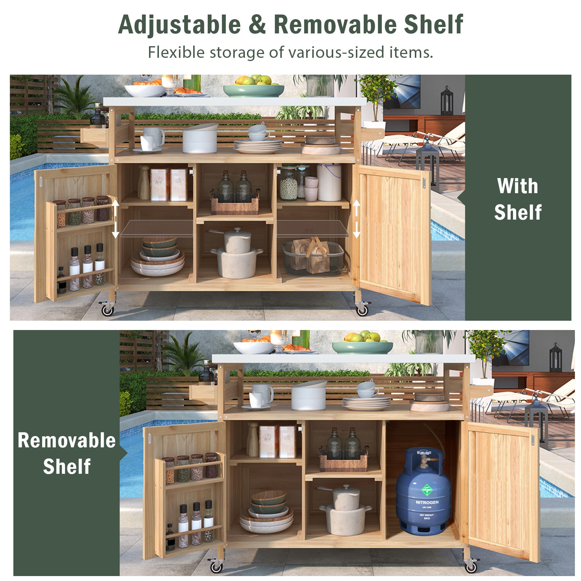 Outdoor Kitchen Island Rolling Bar Cart with Stainless Steel Top - Natural