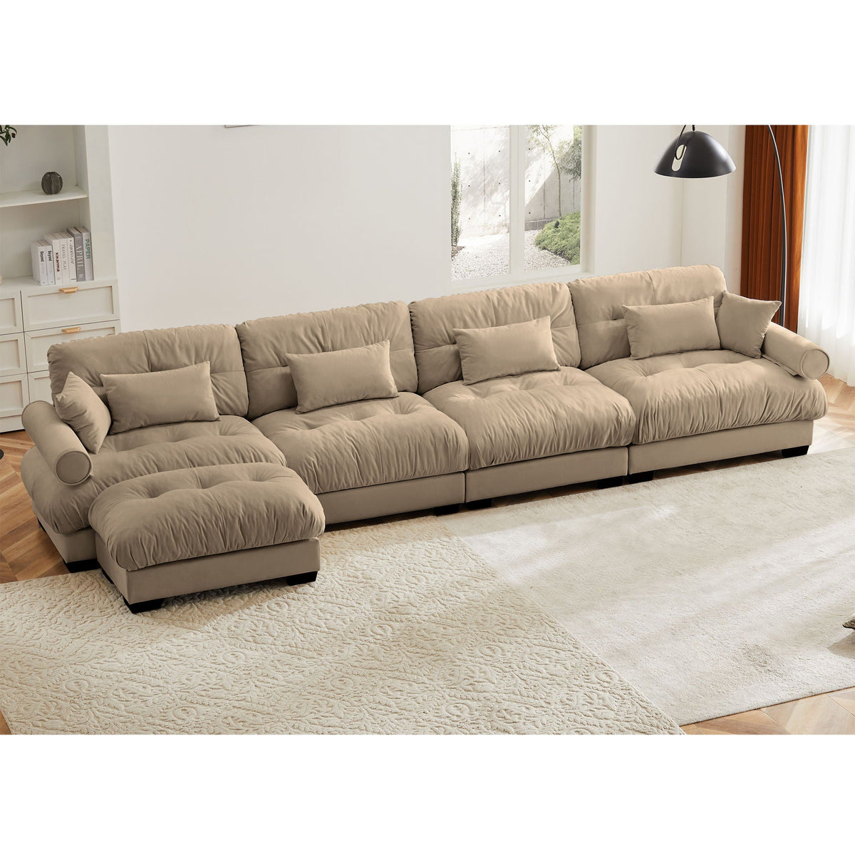 Modern Sectional Sofa With Ottoman, Round Bolster Armrests, Waist And Throw Pillows