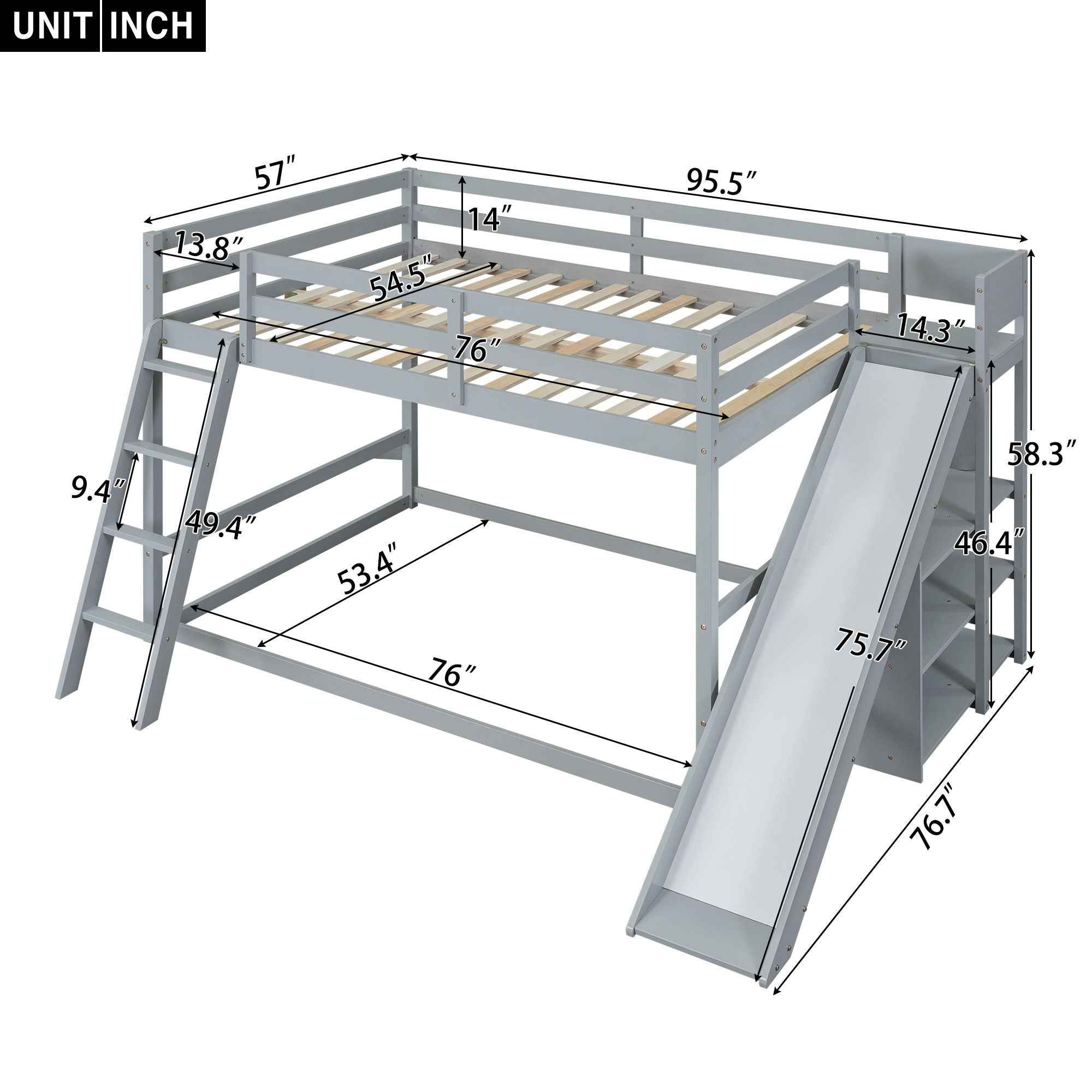 Bunk Bed With Ladder, Slide, And Shelves Pine Wood