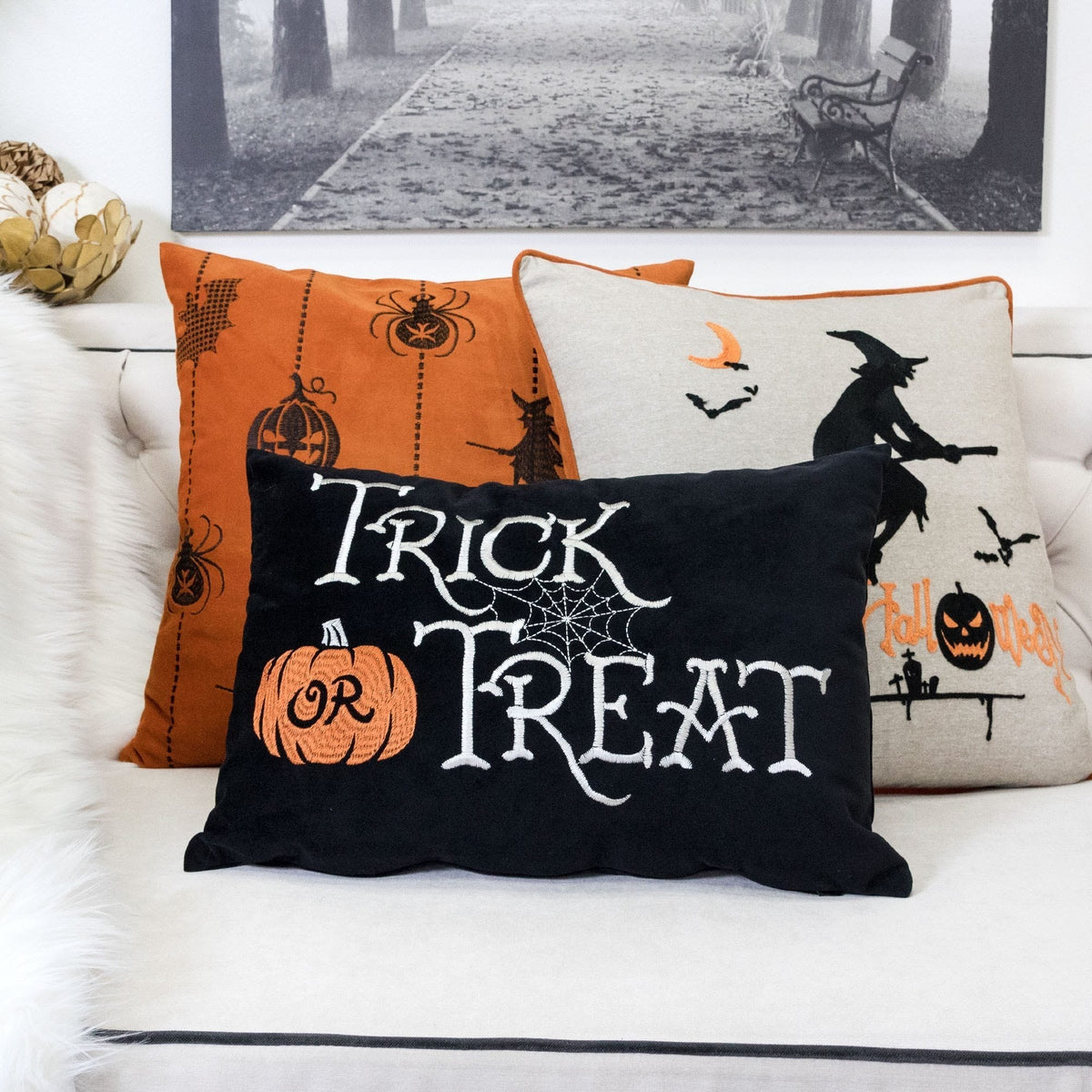 Black Velvet Halloween Lumbar Pillow with Embroidered Trick or Treat – Includes Insert
