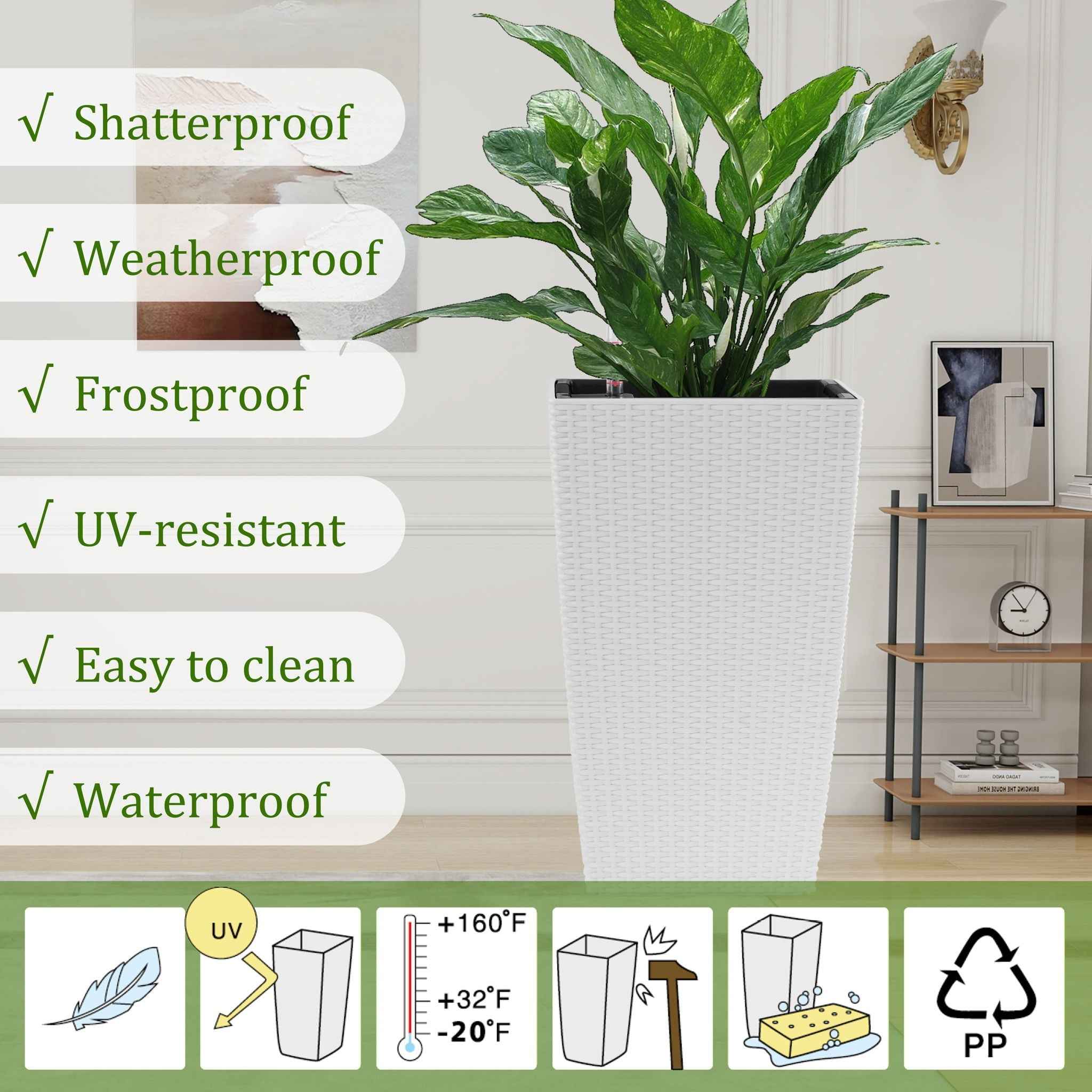 Square Large Planter With Automatic Watering System For Home And Garden (Set of 2) - White