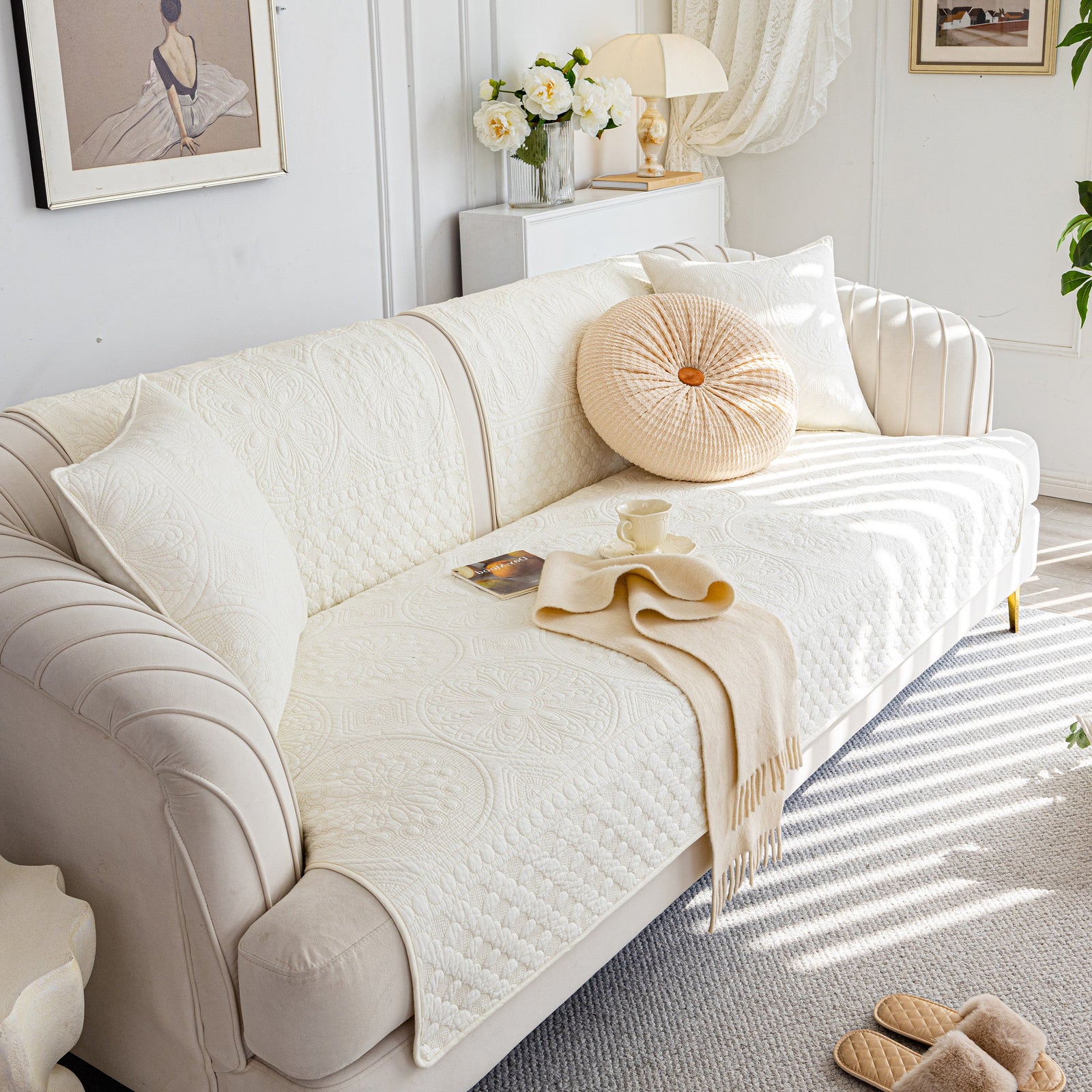 Cotton Quilted Sofa Cover, Non-Slip Couch Protector Fits Backrest, Seat & Armrest