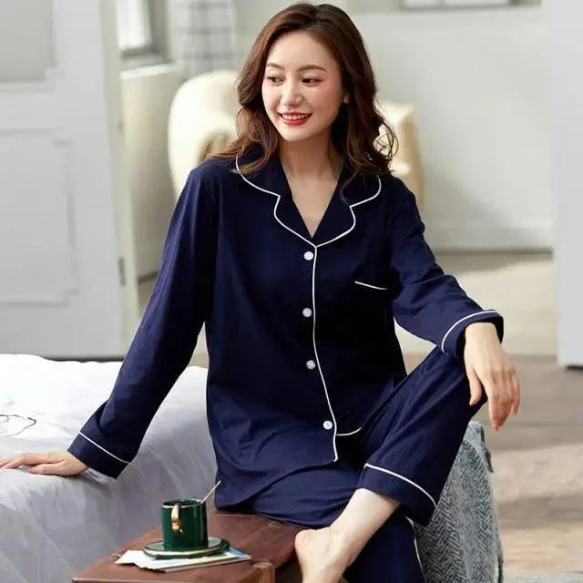 100% Cotton New Trendy  Pajamas For Women Full Sleeves Pajamas Button Down Winter Sleepwear Set Women White Cotton Pajamas Women's Loose Size V-neck Home Suit Long Sleeve Wide Leg Pants Pajamas Casual Home wear