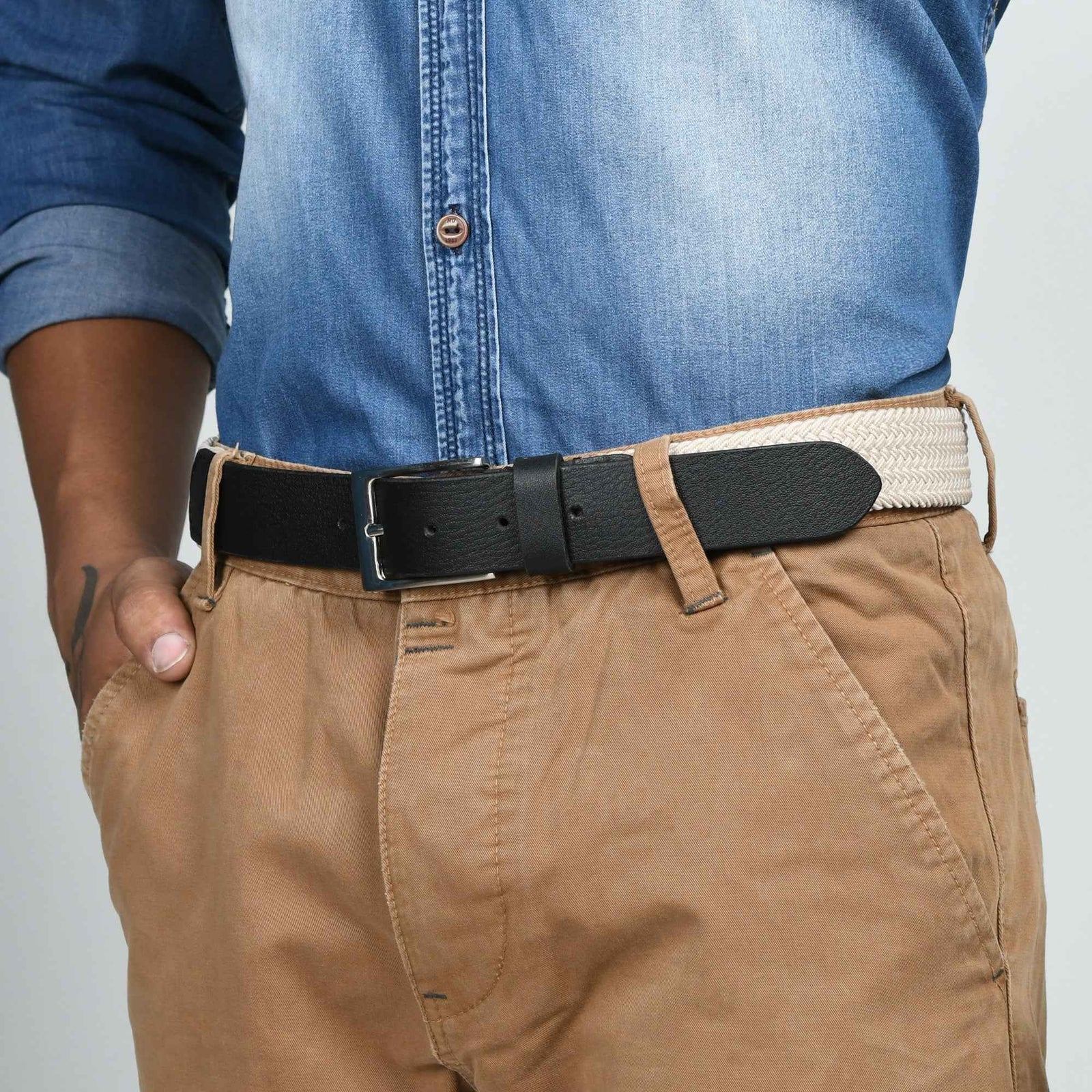 Cream & Black Braided Canvas Leather Belt