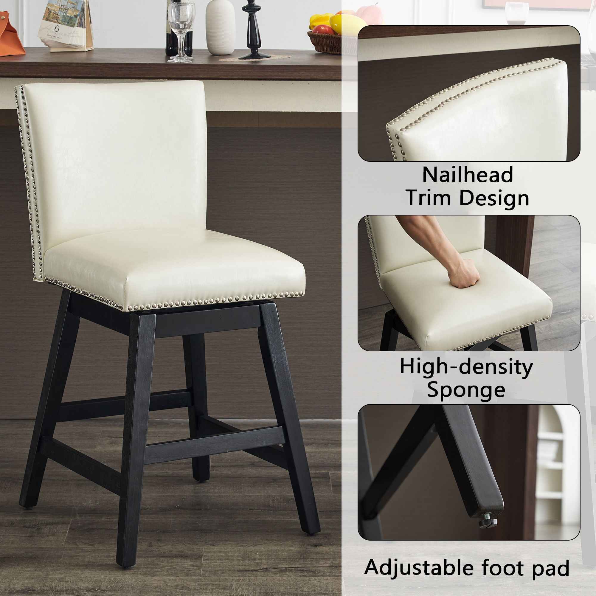 Upholstered Swivel Bar Stools High Back (Set of 2) - Cream White