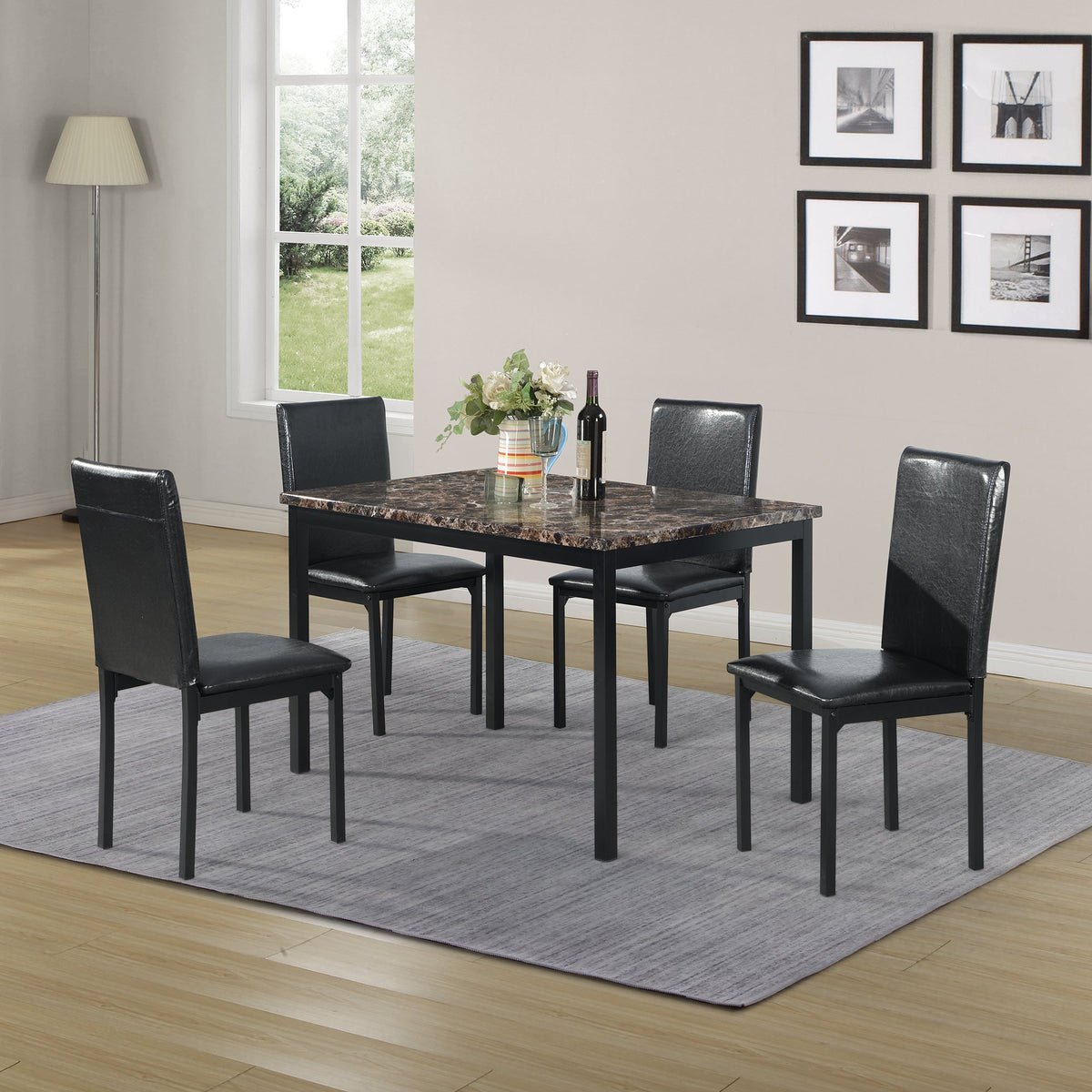 Furniture 5 Piece Metal Dinette Set with Faux Marble Top - Black