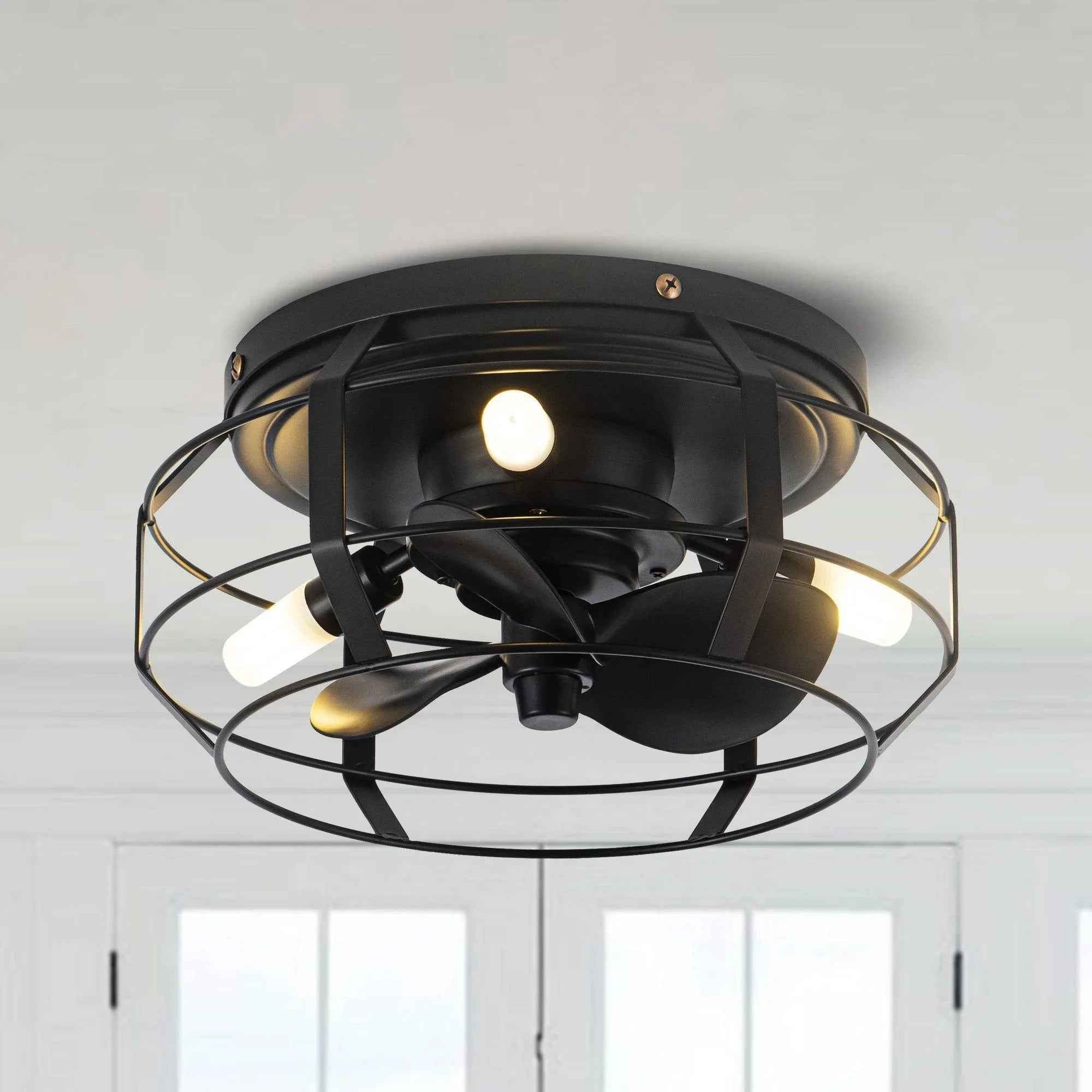 12" Flush Mount Low Profile Caged Small Ceiling Fan with Light and Remote Control